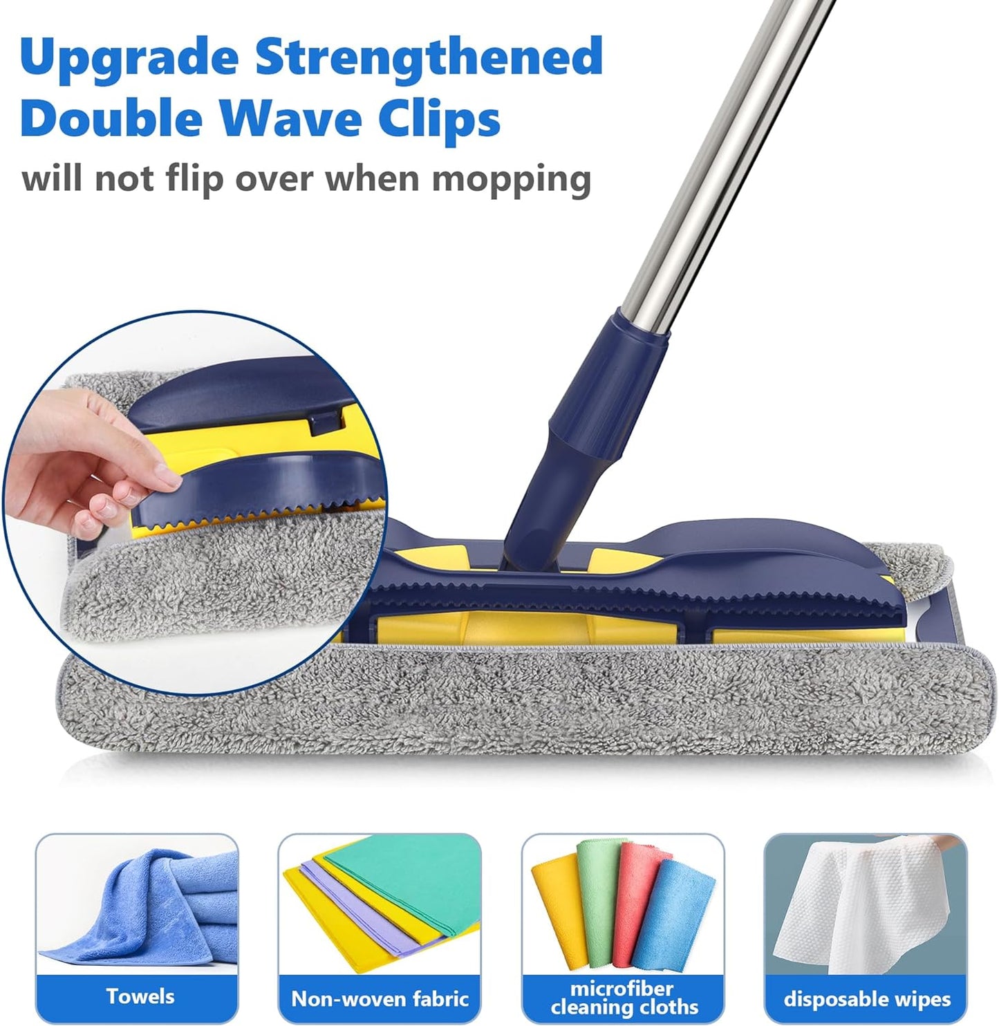 MEXERRIS Microfiber Flat Mop for Hardwood Laminate Tile Floor Cleaning: Stainless Steel Handle - 4 Reusable Flat Mop Refills and 1 Dirt Removal Scrubber Included - Dry Dust Mop Commercial Home Use