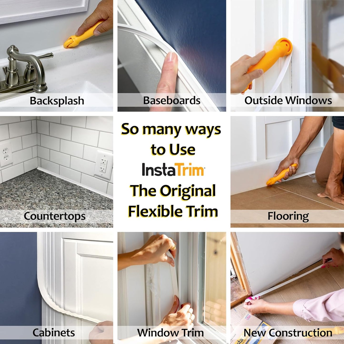 InstaTrim The Original Flexible Trim - 50ft White 1/2" Wide Caulk Tape - Adhesive Trim with Many Uses Including Caulking for Bathtubs, Sinks, Counters, Tile, Floors - Made in USA