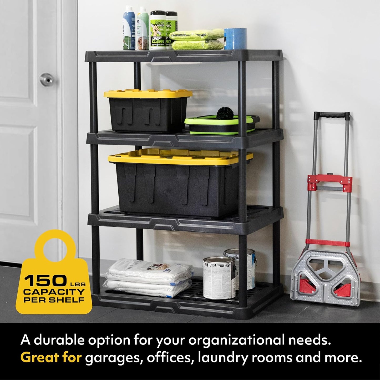 CX 4-Tier (53”H x 36”W x 18”D) Plastic Storage Shelving Unit (Black) 2 Pack, Heavy Duty, 150lbs Per Shelf Capacity, Indoor/Outdoor Storage Organization in Home, Garage, Office, Easy Assembly