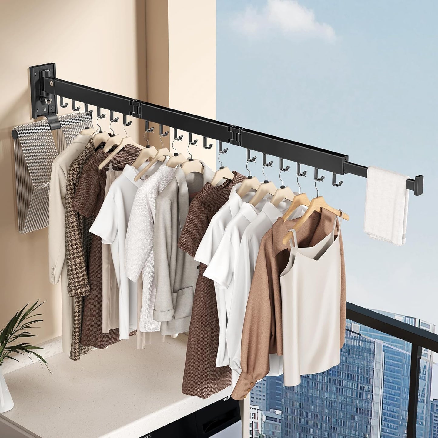 Wall Mounted Collapsible Clothes Drying Rack, Space-Saving Laundry Drying Rack Clothing Hanger, Durable Foldable Design Extends Left, Right & Up for Upgraded Versatility
