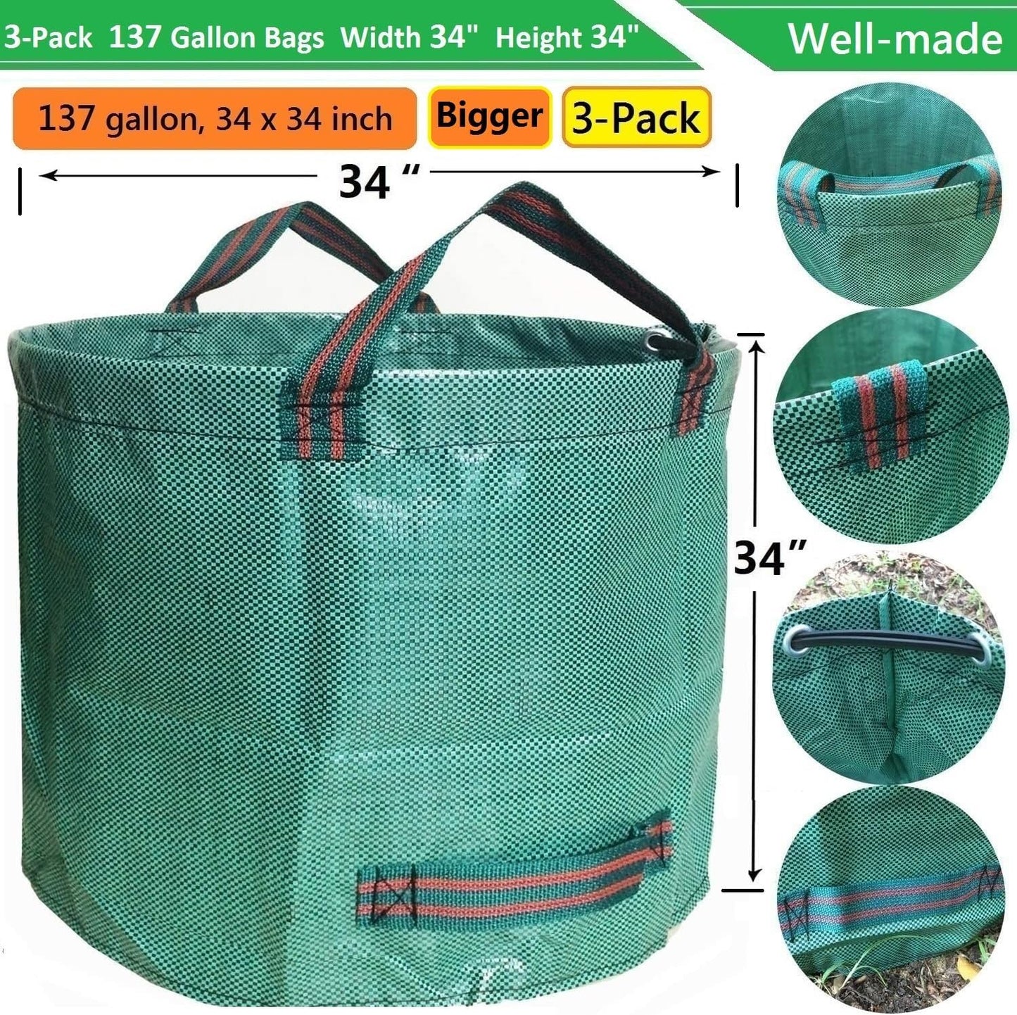 Professional 3-Pack 137 Gallon Lawn Garden Bags (D34, H34 inches) Big Yard Waste Bags with Garden Gloves, Extra Large Reusable Leaf Bags,Garden Clippings Bag,Leaf Container,Yard Trash Bags 4 Handles
