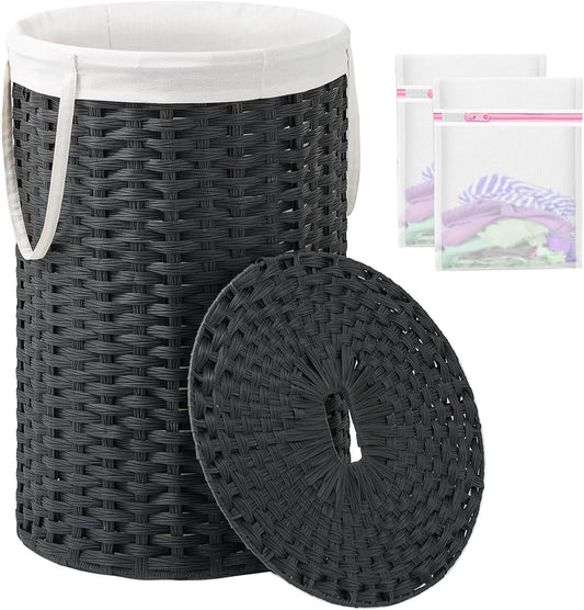 Large Laundry Hamper Laundry Basket Round 34.3 Gal (130 L) Handwoven Wicker Laundry Baskets Rattan Laundry Basket with Laundry Bag Handles 2 Mesh Bags for Living Room Bedroom Black