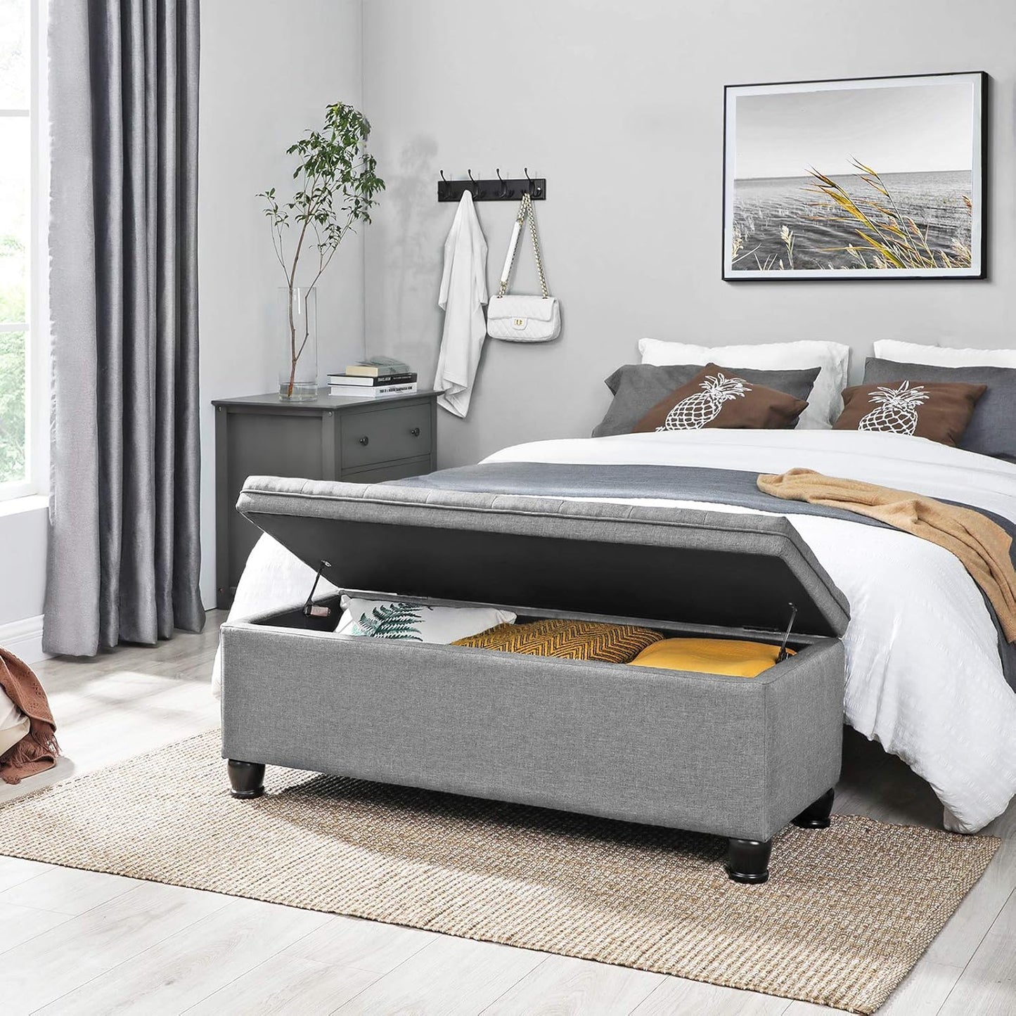 SONGMICS Storage Ottoman, Storage Bench, Tufted Entryway Bedroom Bench, 17.7 x 46.5 x 17.7 Inches, Hinges Easy Lid Operation, Wooden Legs, Linen-Look Cover, Loads 330 lb, Light Gray ULOM070G02