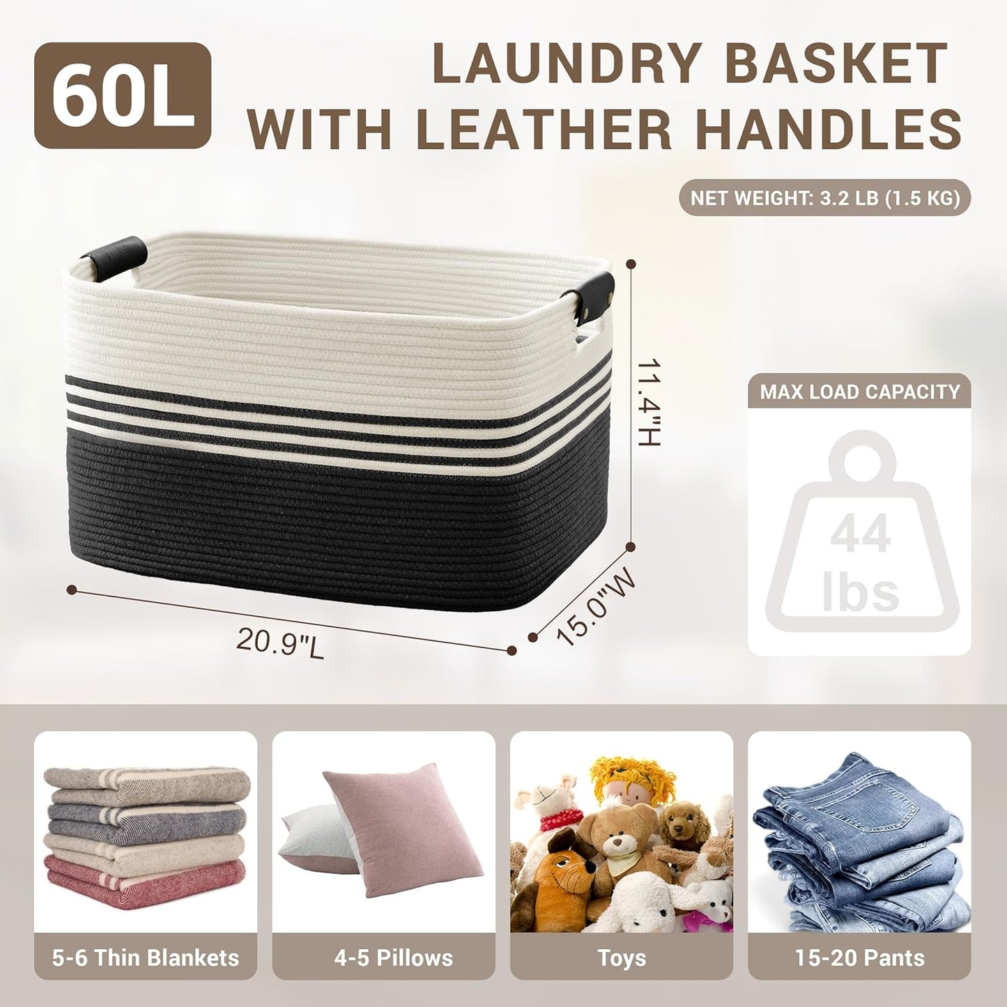 60L Large Laundry Basket with Leather Handles for Living Room Storage, Woven Rope Baskets Bin for Blanket, Kids Toy, Gifts, Wicker Hamper for Bedroom Dirty Clothes, 21"x15"x11" White Black