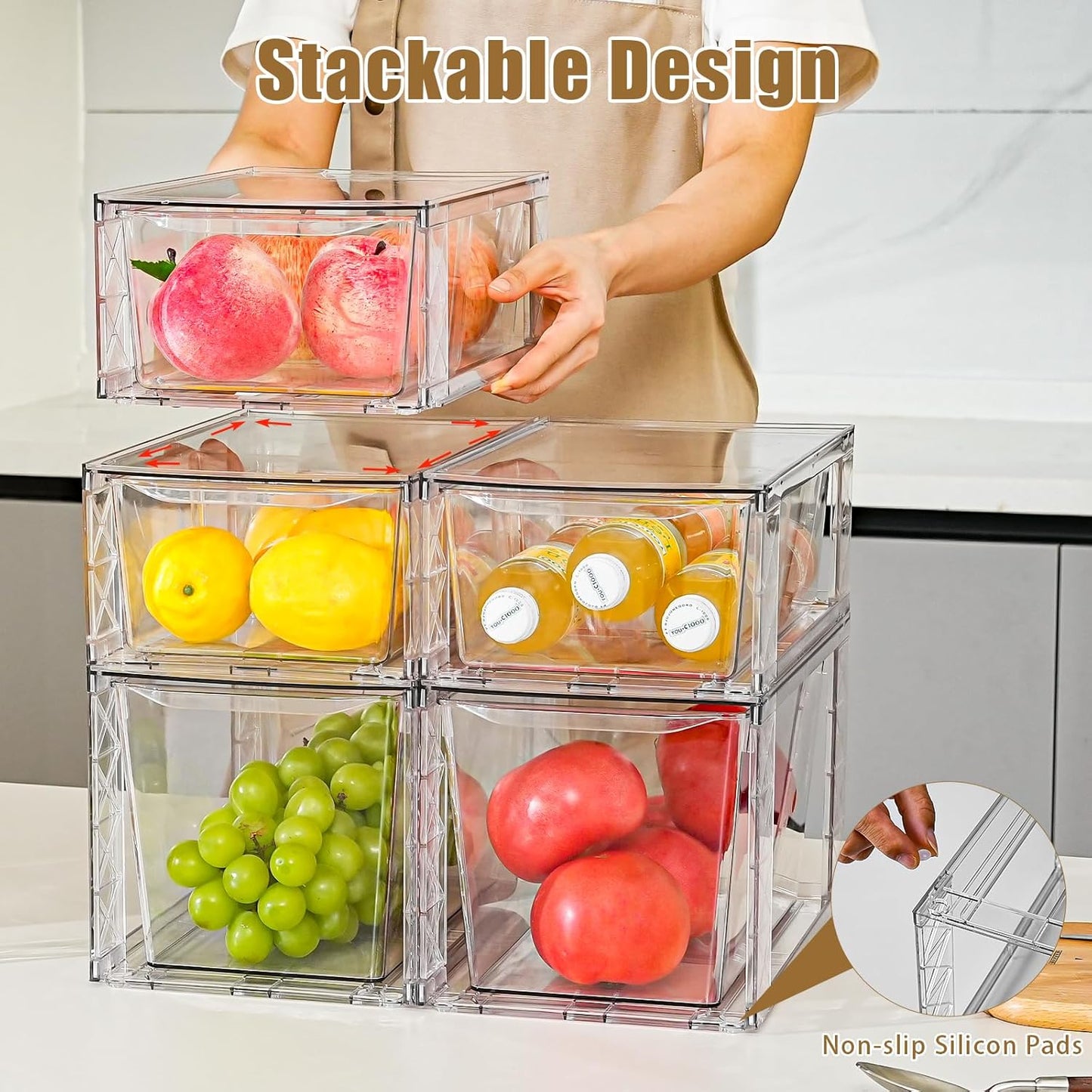6Pack Pantry Organizers and Storage,Clear Stackable Kitchen Storage Organizer,Foods Organizer Bins with Handles, Easily Assemble for Bathroom, Kitchen, Refrigerator, Pantry, Cabinet, Closet