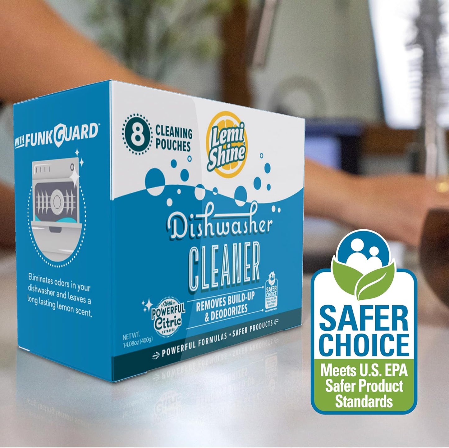 Lemi Shine Natural Dishwasher Cleaner - Hard Water Citric Acid Cleaning Powder - Lemon Scented Eco-Friendly Dishwasher Cleaner & Deodorizer - 14.08 oz (8 Pack)