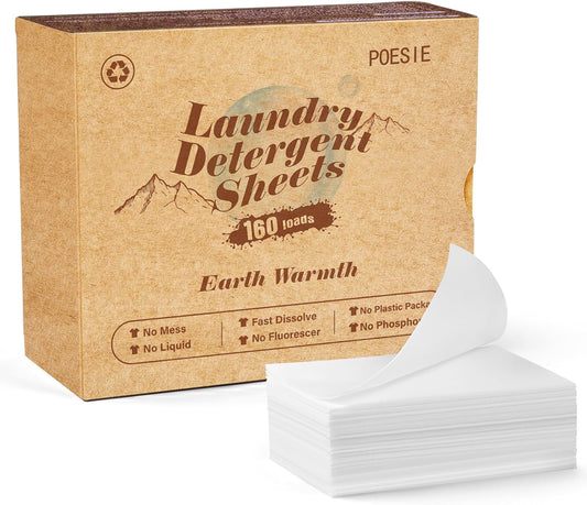 Poesie Laundry Detergent Sheets Earth Warmth Scent 160 Count Road Trip College Dorm Essentials for Travel Washing Sheets Detergent Liquidless Portable No Messy Laundry Strips