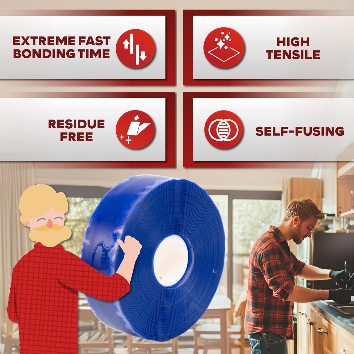 XFasten Self Fusing Silicone Tape Waterproof – 1" x 36 Feet Blue, Self Amalgamating Tape, Silicone Rubber for Plumbing, Sealing Pipes, Hose Repair, Outdoor Coax and Electrical Cables – Weatherproof