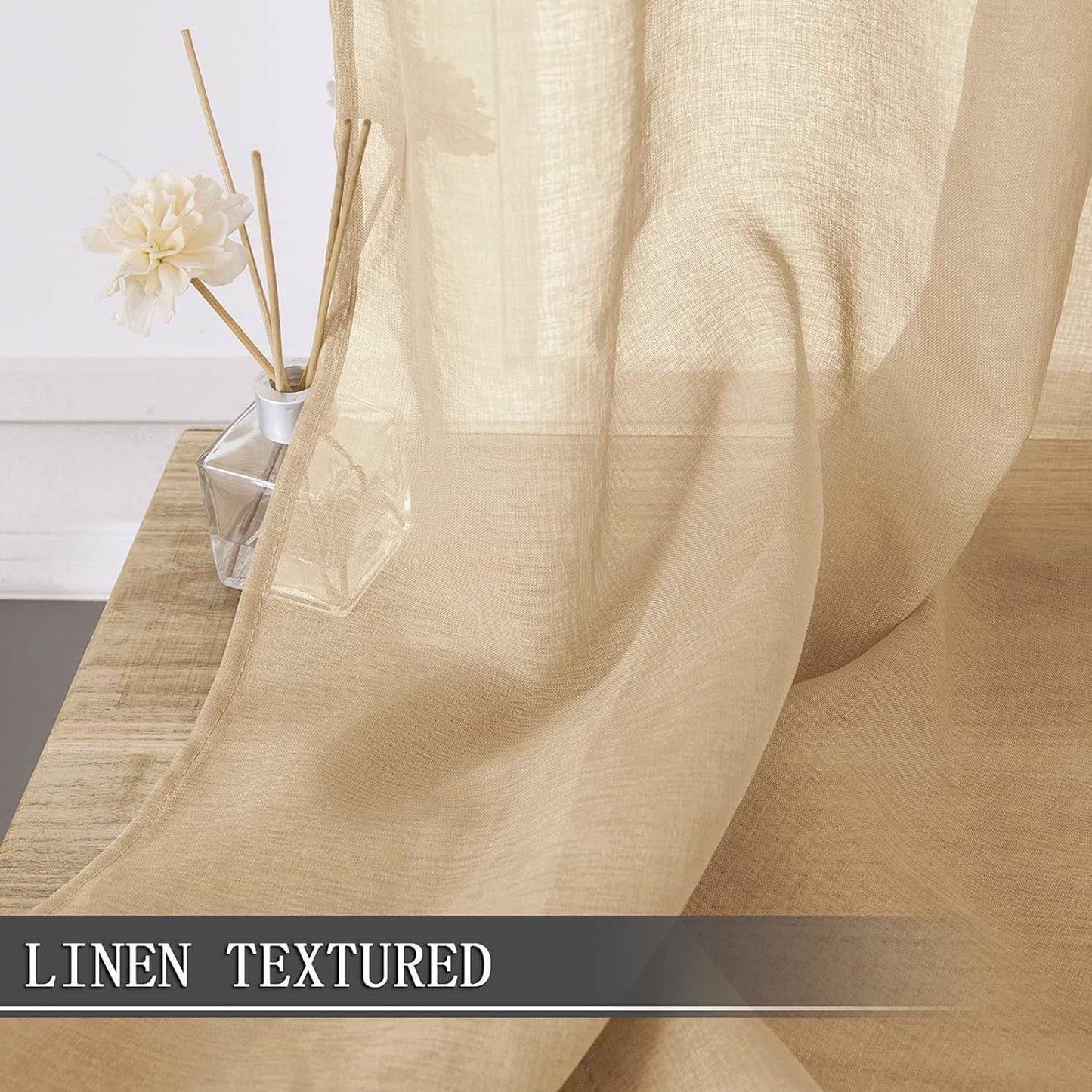 Tollpiz Sheer Curtains Linen Textured Bedroom Curtain Sheers Light Filtering Rod Pocket Voile Curtains for Living Room, 54 x 63 inches Long, Beige, Set of 2 Panels