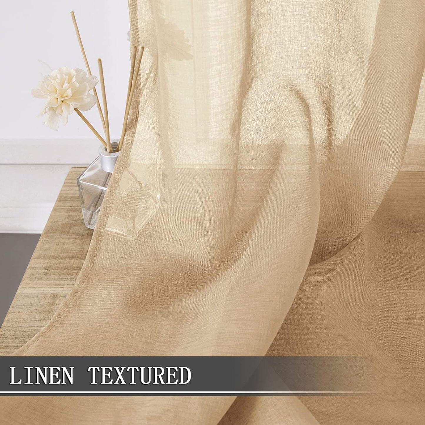 Tollpiz Sheer Curtain Linen Textured Living Room Curtains Sheer Light Filtering Rod Pocket Voile Curtain for Bedroom, 54 x 72 inches Long, Beige, Set of 2 Panels