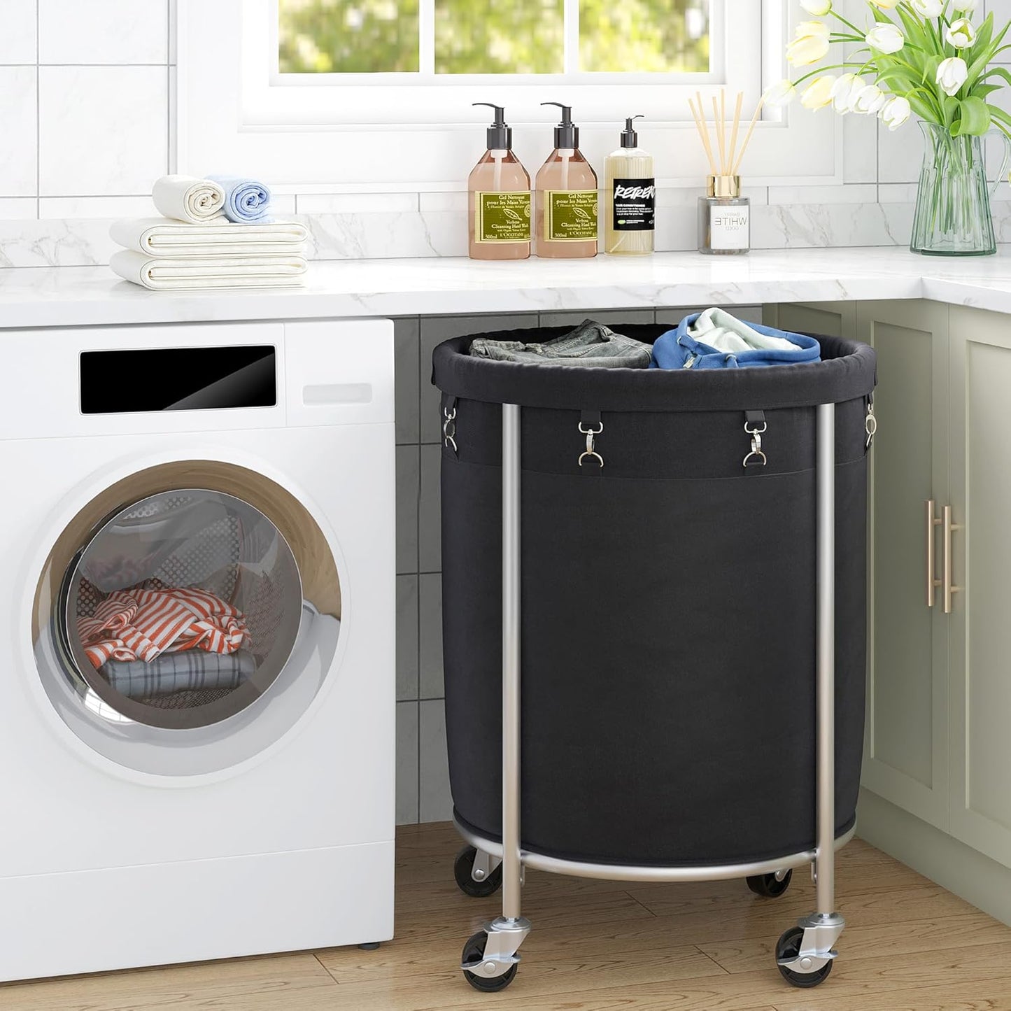 ELYKEN Laundry Hamper on Wheels, 23.6" Diameter 170L Large Capacity Laundry Basket with Removable Liner Bag, Easy Rolling Clothes Cart with 4 Casters and 2 Brakes, Sturdy Metal Frame, Black