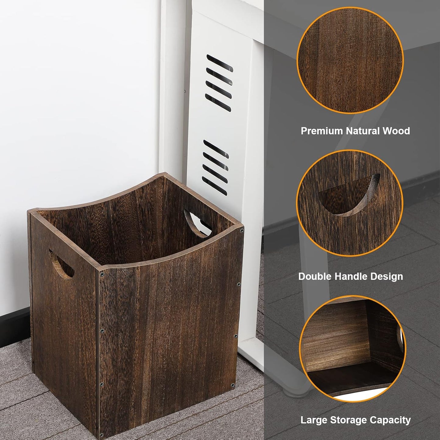 Wood Trash Can 5.3 Gallon Office Wastebasket Farmhouse Rectangular Garbage Can with Built-in Handles Small Trash Can for Bedroom Office Kitchen Bathroom Under Desk Large Storage