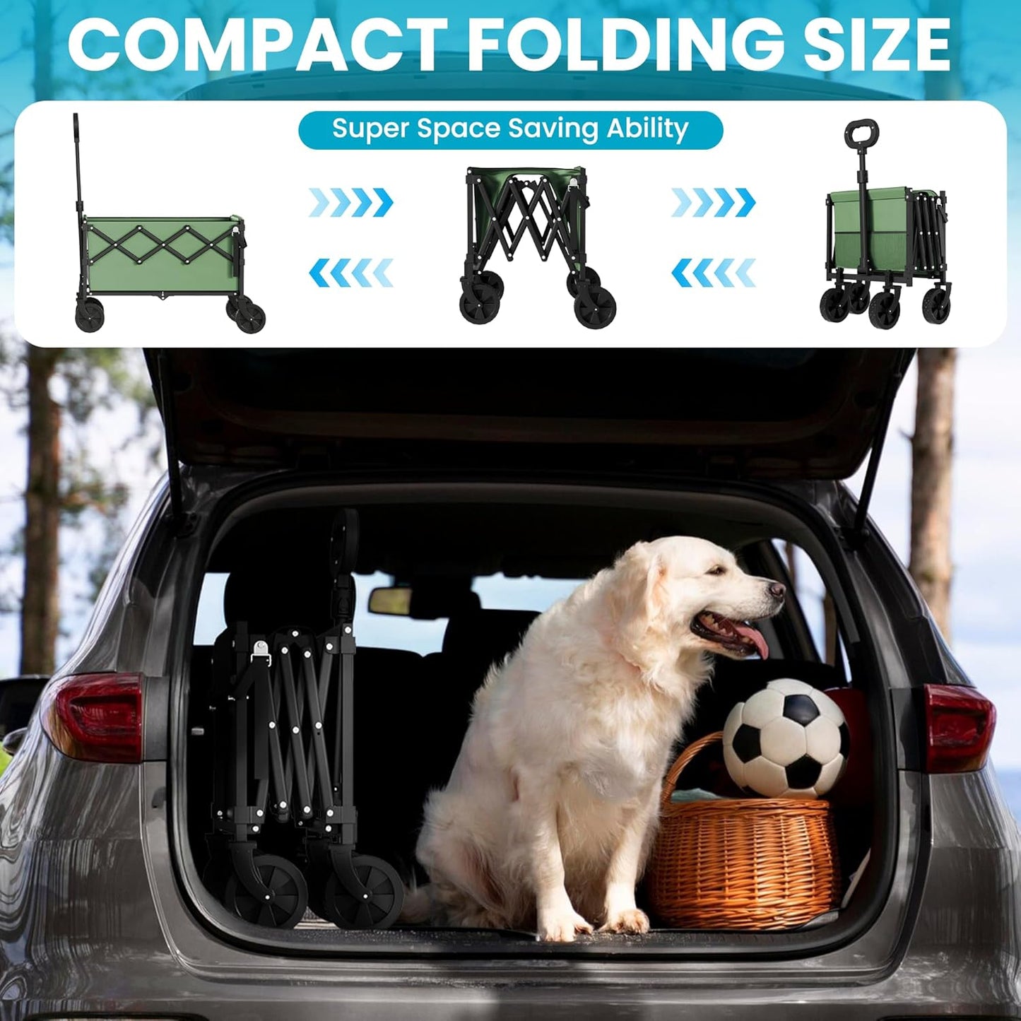 Collapsible Folding Wagon with Tailgate, Wagons Carts Foldable with 350lbs Capacity, Lightweight Portable Utility Wagon Cart for Shopping Camping Sports Garden (Green)