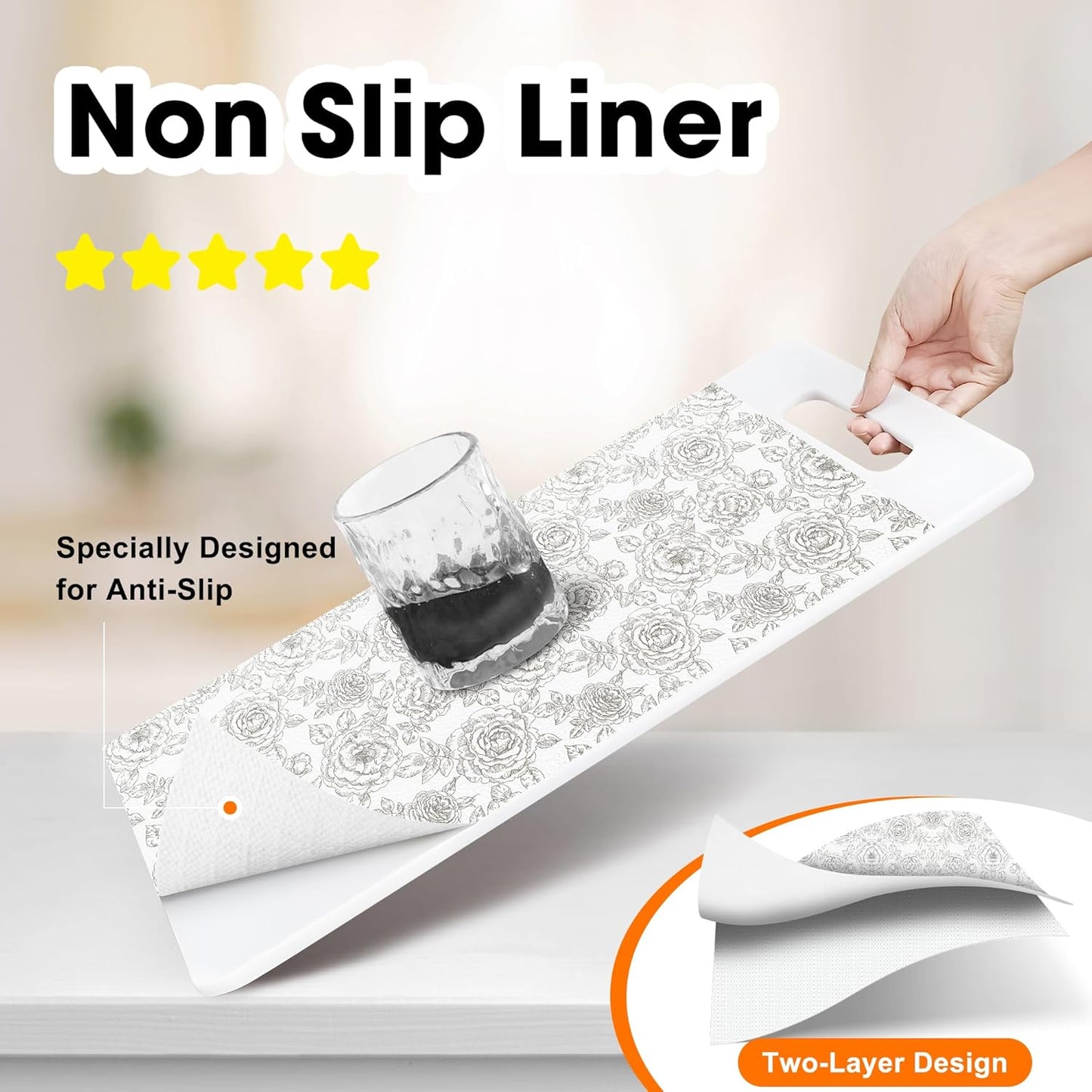 Drawer and Shelf Liner for Kitchen Cabinets Non-Adhesive, Non-Slip Cabinet Liner Shelf Paper Strong Grip Waterproof Easy to Clean for Kitchen Shelves Cupboard, Flower,12IN X 10FT