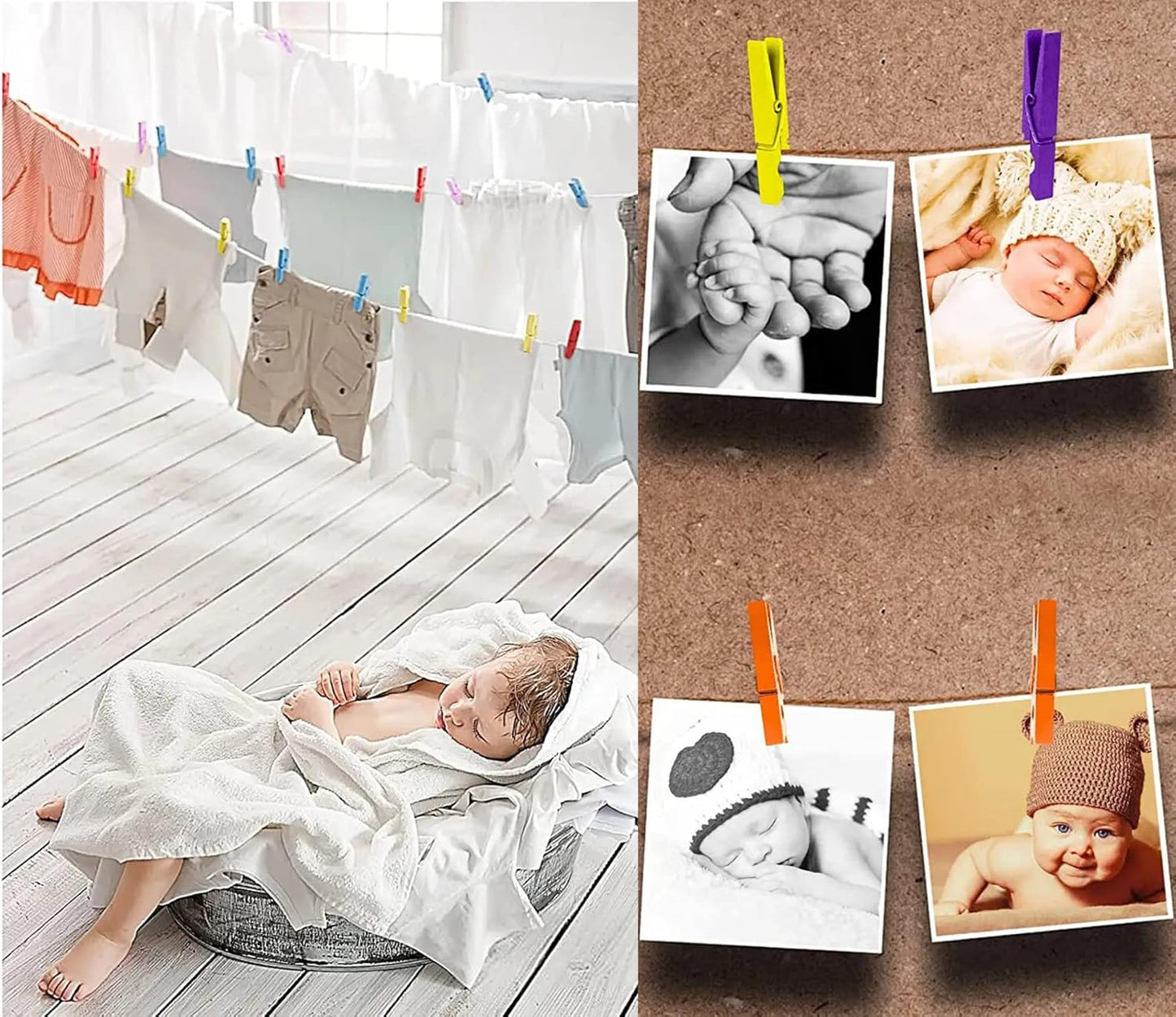 1.9 Inch White Small Clothes Pins Paper Picture School Work Holders Baby Shower Clothing Line Clips with Twine Pack 50