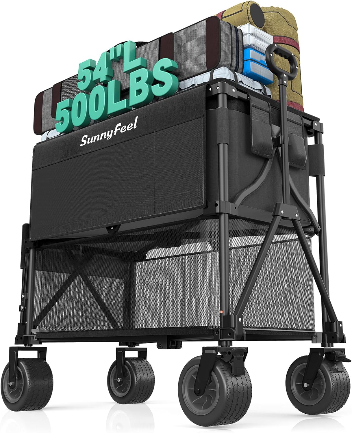SUNNYFEEL Double Decker Wagon, Collapsible Outdoor Utility Wagon Cart 500LB Capacity Adjustable Handlebar,Foldable Wheels Stable Durable Oxford Fabric for Shopping Garden Camping (Black, Double Deck)
