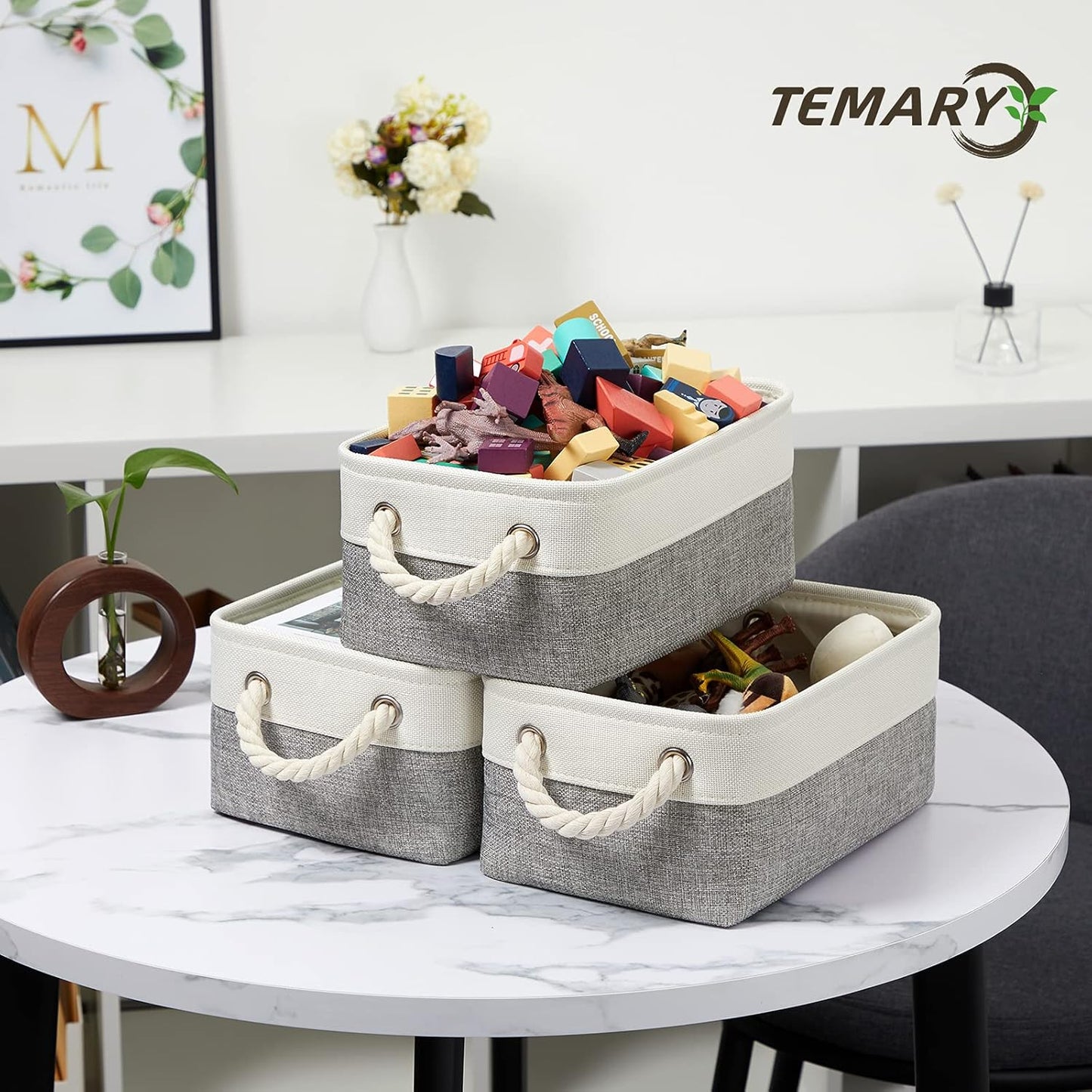 Temary Small Storage Baskets for Organizing 6Pcs Small Storage Bins, Decorative Collapsible Fabric Gift Baskets Empty for Home (White&Grey,11.8L x 7.9W x 5.3H inches)