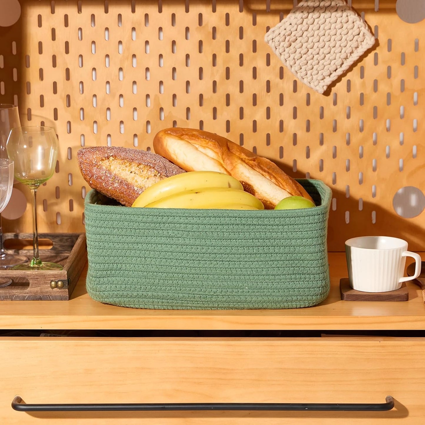 Small Storage Baskets for Organizing | Closet Organizer Bins | Shelf Toy Basket | Woven Rope Baskets | Cube Decorative Box | Shallow Basket | 13x8.5x5.1” | 4 Packs Green