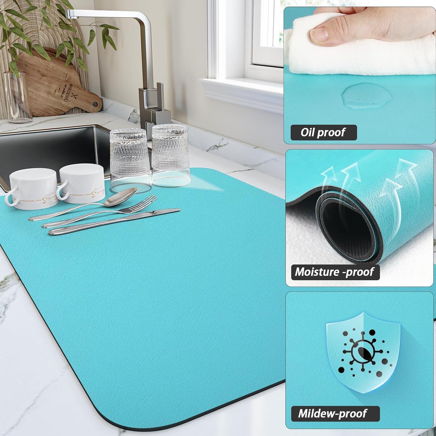 Dish Drying Mat for Kitchen Counter, Heat Resistant Drainer Mats with Non-slip Rubber Backed, Hide Stain Kitchen Super Absorbent Draining Mat, Easy to Clean Dish Rack Pad, Teal 18"x32"