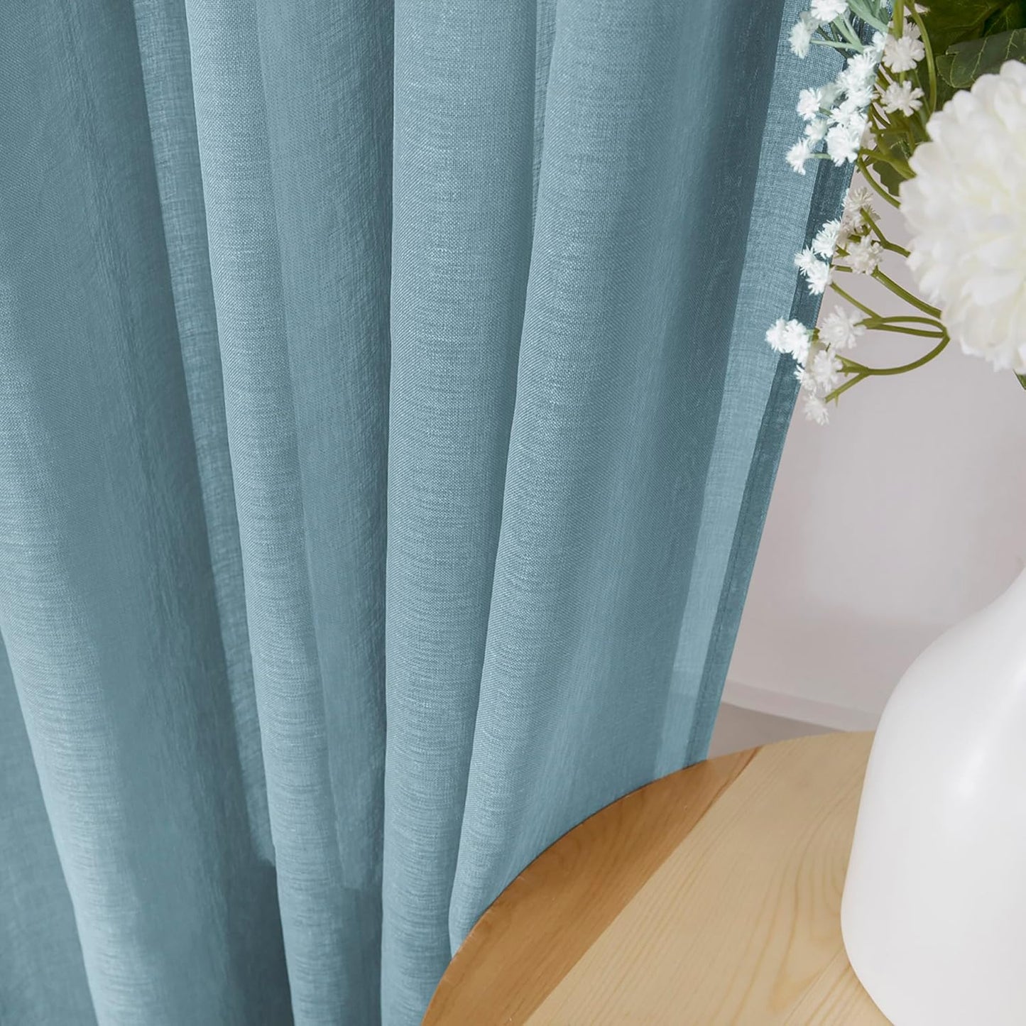 Tollpiz Short Sheer Tier Curtains Linen Textured Half Kitchen Curtain Sheers Light Filtering Rod Pocket Voile Small Curtain for Bathroom, 25 x 24 inches Long, Dusty Blue, Set of 2 Panels