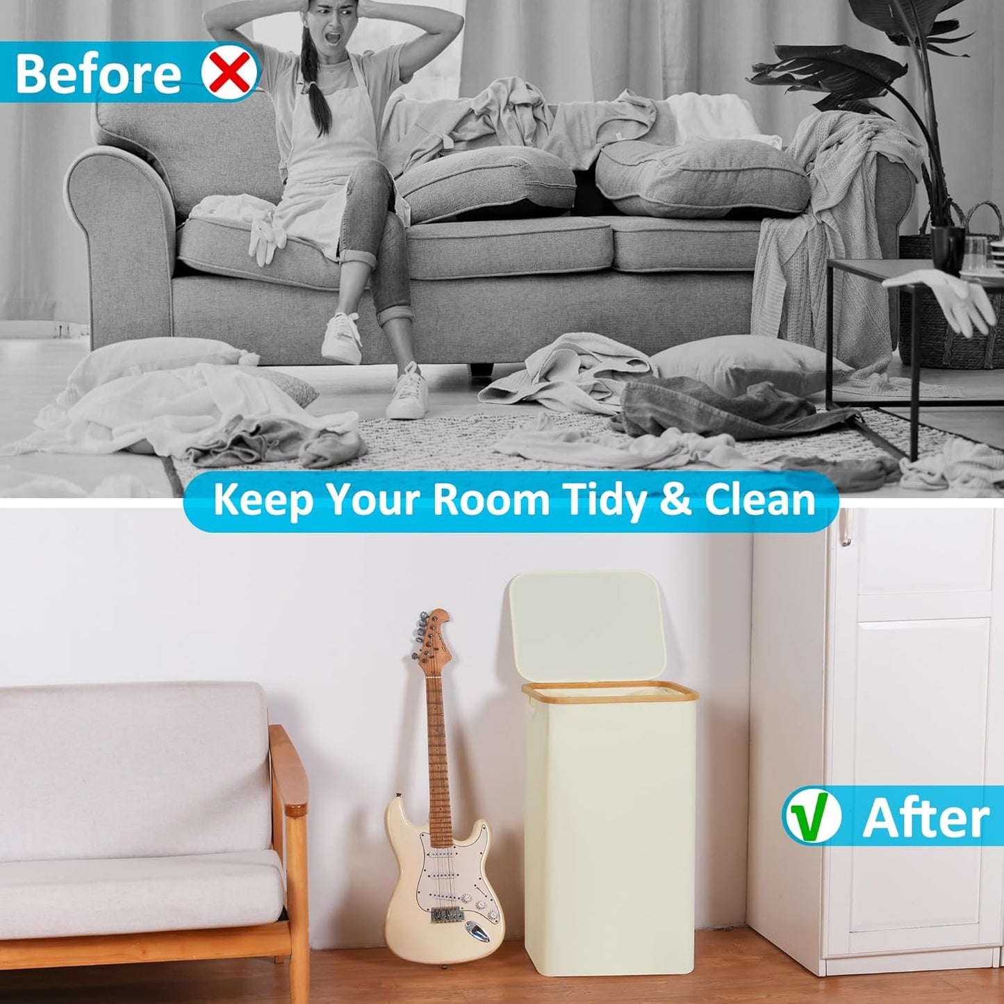 efluky Laundry Basket with Lid and Removable Bag, 100L Tall Laundry Hamper with Bamboo Handles, Aesthetic Dirty Clothes Bin for Laundry Room, Bathroom, Bedroom and Dorm, Beige