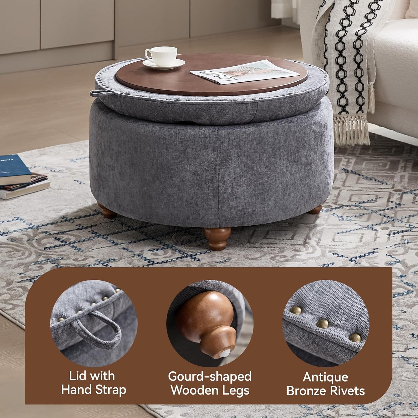 30Inch Round Storage Ottoman with Tray, Modern Tufted Circle Coffee Table with Storage, Upholstered Ottoman with Removable Top for Living Room, Bedroom, Chenille Blue