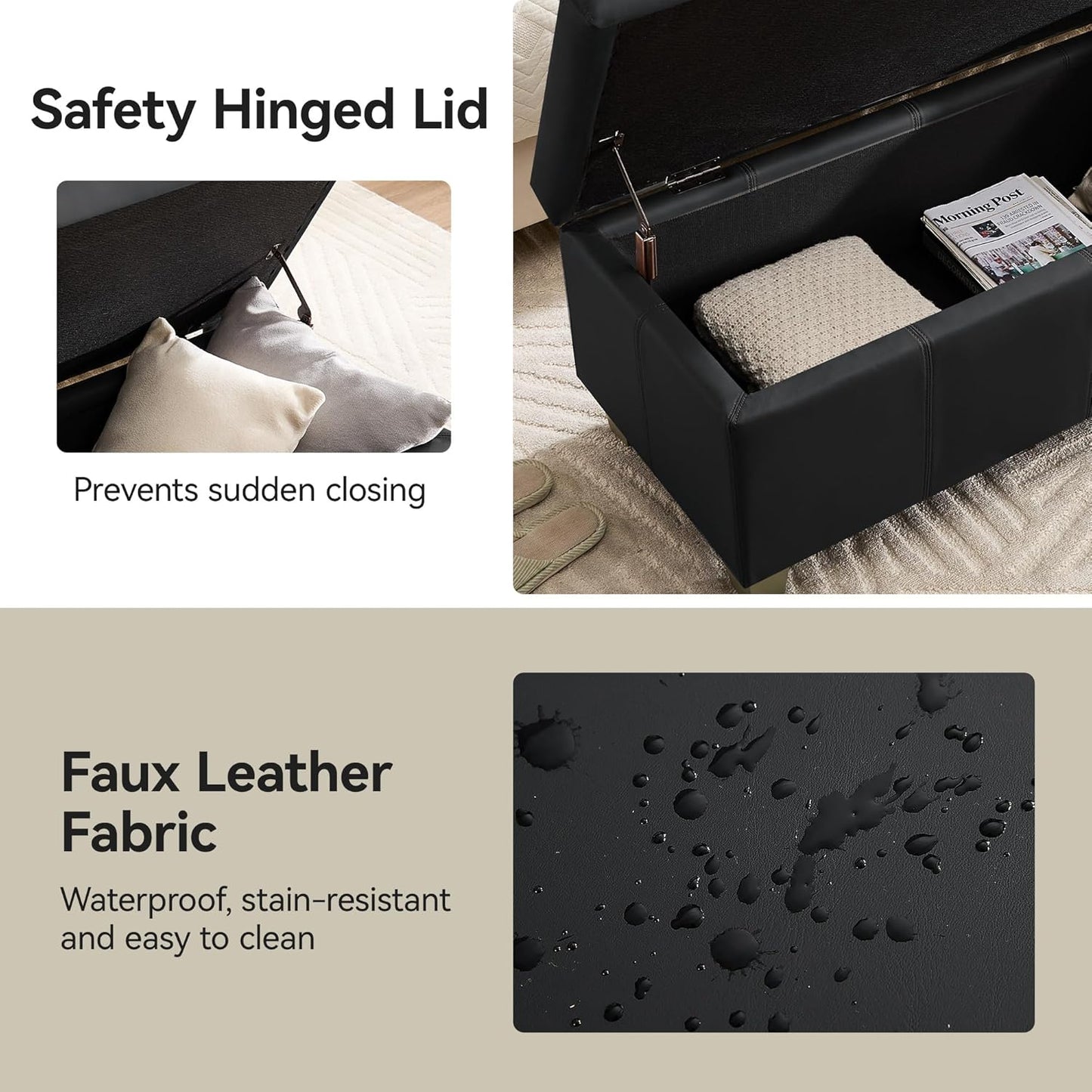 41" Faux Leather Storage Ottoman, Stitch Tufted Rectangle Upholstered End of Bed Storage Bench, Entryway Large Couch Ottoman with Wooden Legs, Dark Black