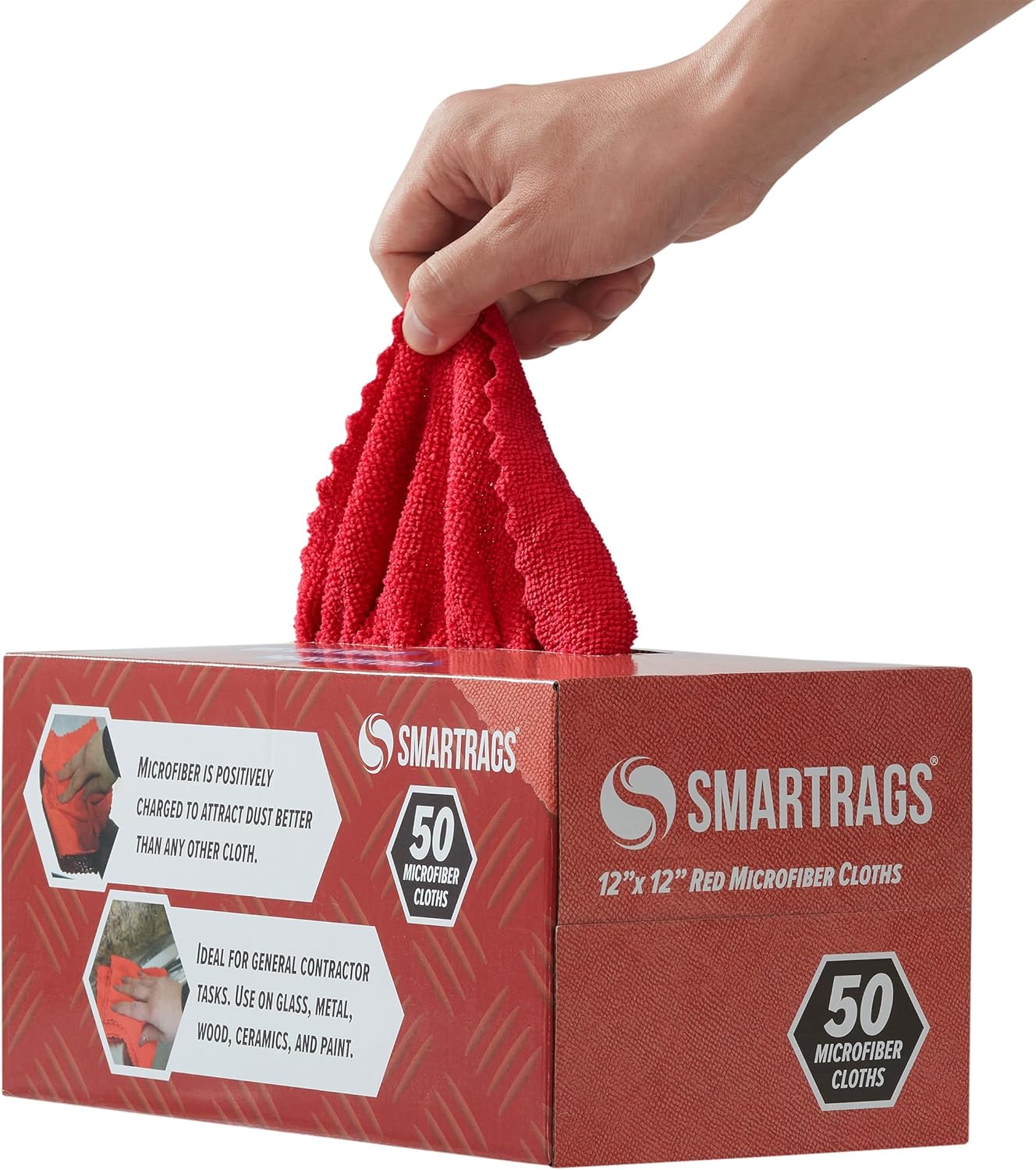 Arkwright Smart Rags in Box - (Pack of 50) Lint Free Microfiber Cleaning Cloth, Scratch & Streak-Free, Dispensable Wash Towels for Cars, Window Glass, and Auto Shop, 12 x 12 in, Red