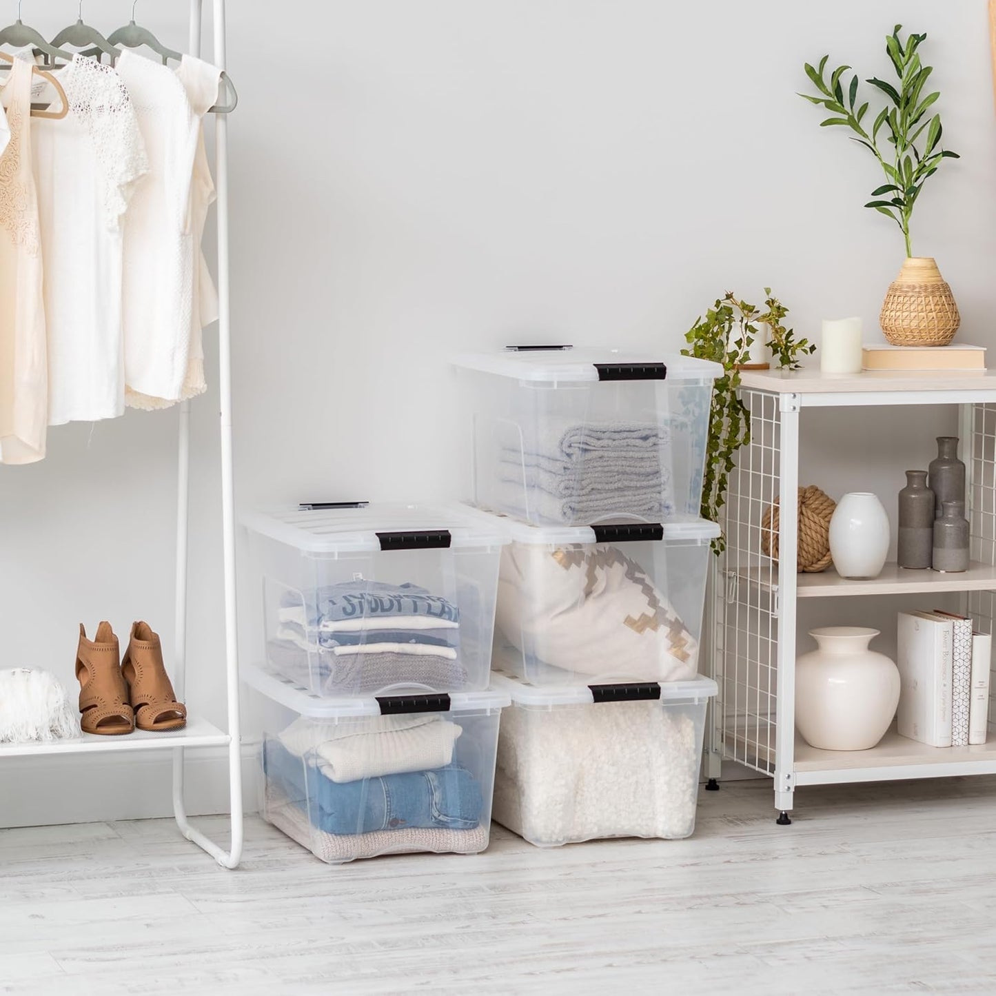 IRIS USA 40 Qt Stackable Plastic Storage Bins with Lids, 6 Pack - BPA-Free, Made in USA - See-Through Organizing Solution, Latches, Durable Nestable Containers, Secure Pull Handle - Clear