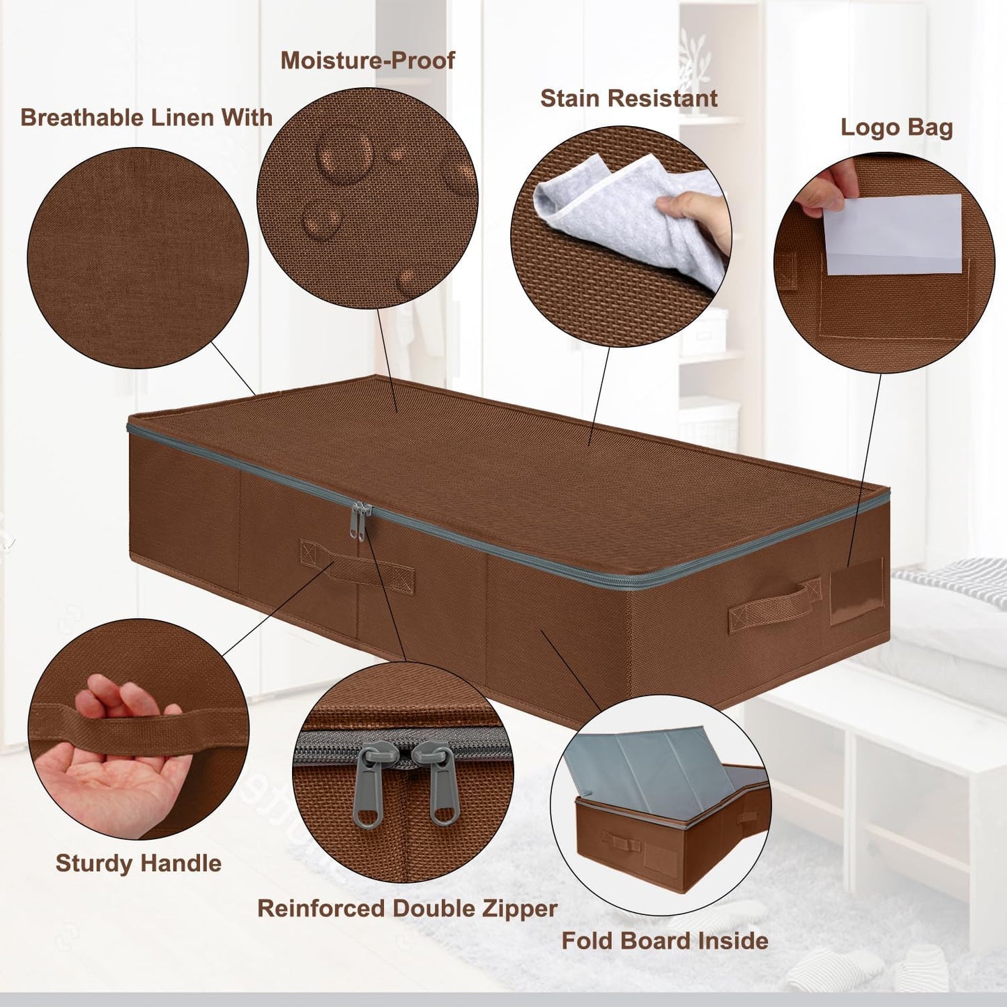 punemi Underbed Storage Box, Under Bed Clothes Storage With Sturdy Structure and Ultra Thick Fabric & zipper Lid, Use as Clothes Organizer, Pillow and Blanket Organizer, Brown, Large, 2 pack