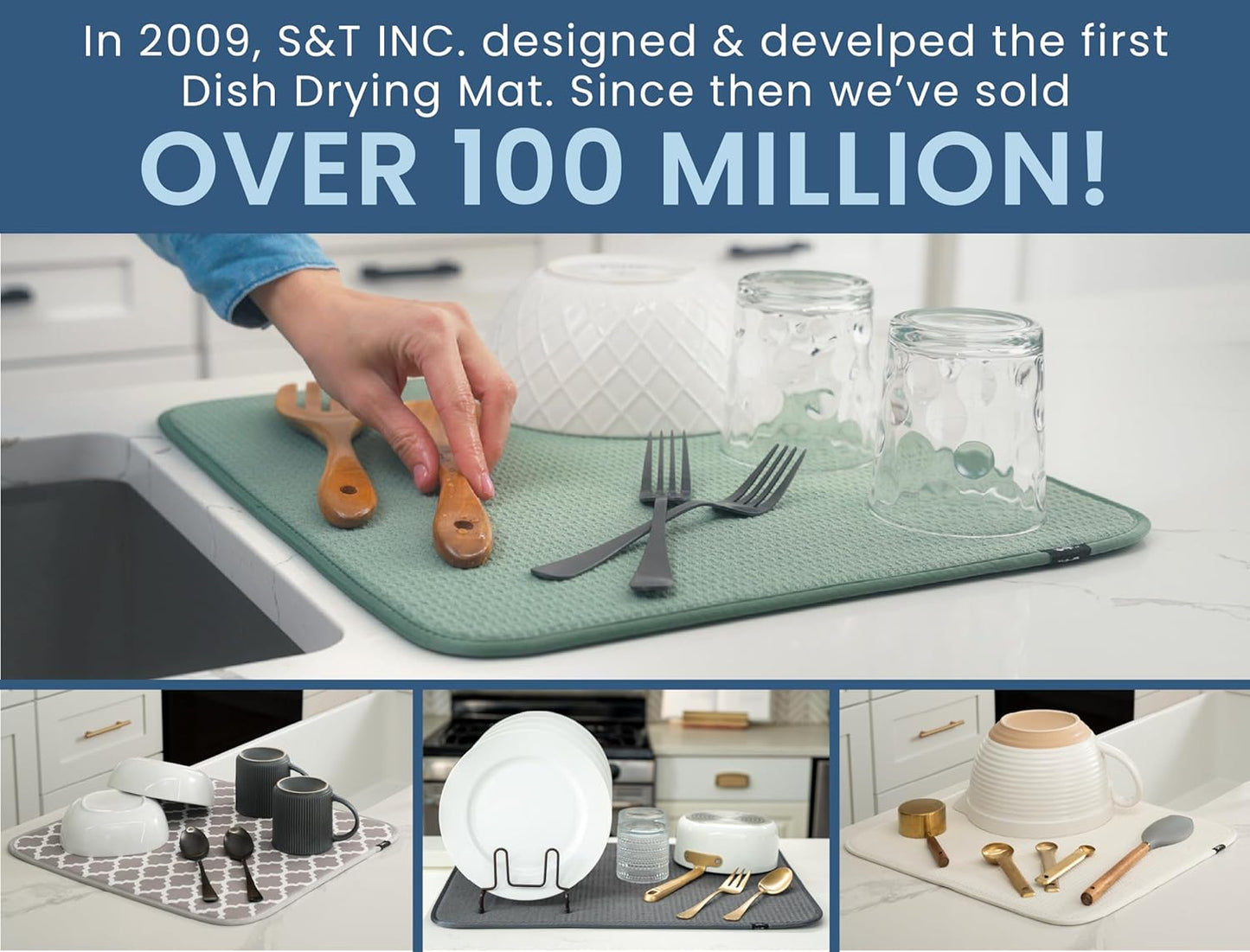 S&T INC. Dish Drying Mat, 16” x 18”, Absorbent Microfiber Kitchen Counter Mat, Dish Drying Pad for Dishes, Utensils, Pots and Pans, Large, Blue Stockinette