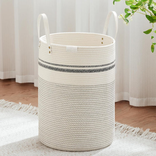 VIPOSCO Tall Laundry Basket, Large Dirty Clothes Hamper with Leather Handle, Woven Rope Storage Basket for Blanket, Toy In Living Room, Bathroom, Bedroom - 72L Stripe White