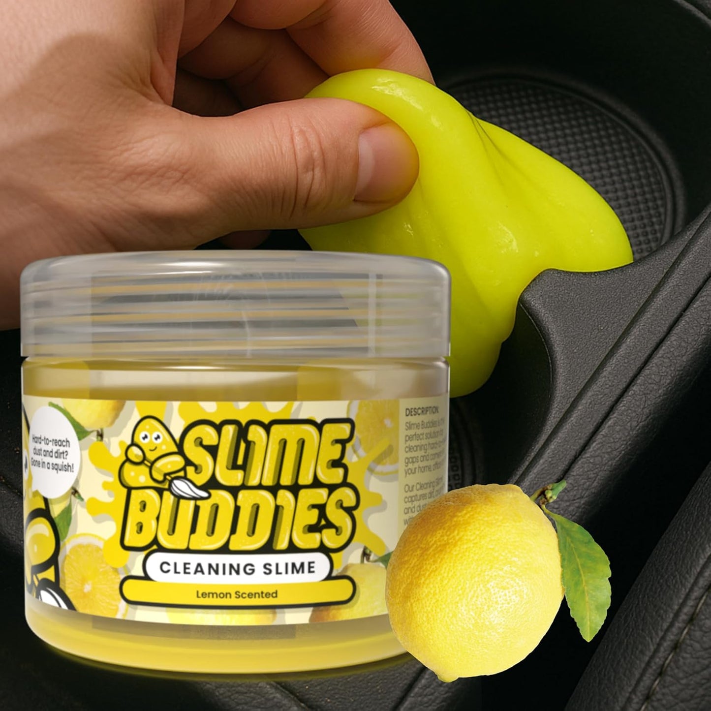 Slime Buddies Car Cleaning Gel Putty - Lemon Scented Interior Detailing Tool for Cup Holders, Air Vents & Keyboard - Reusable Auto Detailing Accessories - Dust Remover Goop - Gifts for Men Women