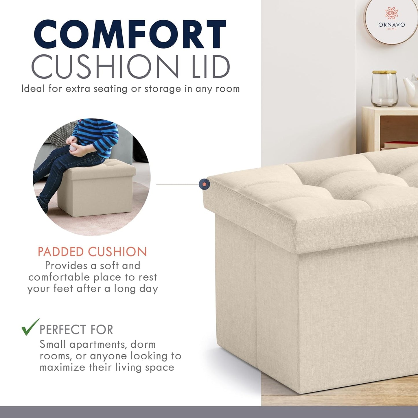 Ornavo Home Small Storage Ottoman, Set of 2, Foldable Collapsible Rectangle Linen Ottoman Foot Rest Stool Seat, for Living Room, Bedroom, Home Office, Dorm - 12 x 16 x 12, Beige