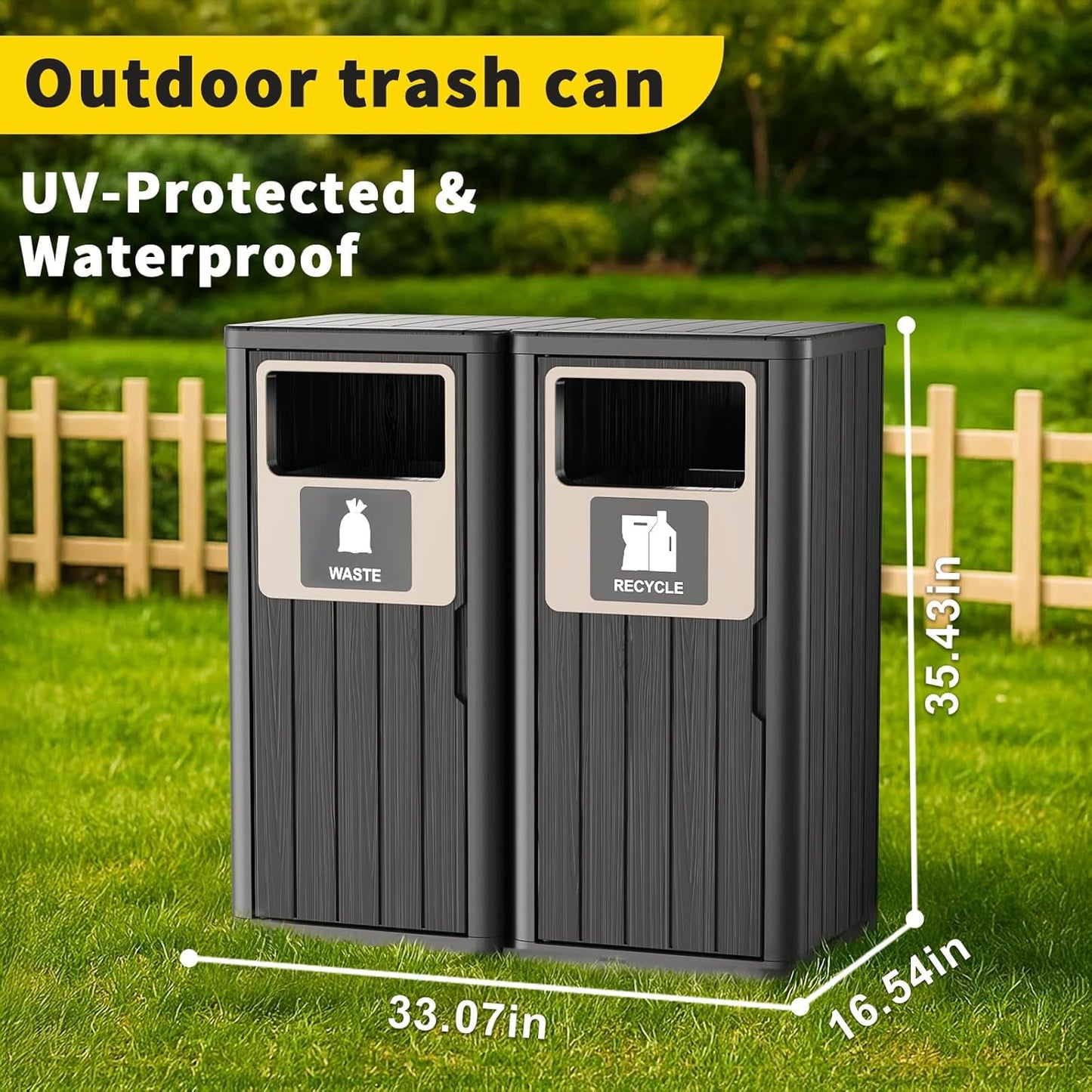 ROJIK 35" Tall Outdoor Trash Can,Weatherproof Resin Garbage Indoor Durable Lightweight,Suitable for Patio Office Kitchen,Easy to Clean,Assemble(Waste&Recycle, Black)