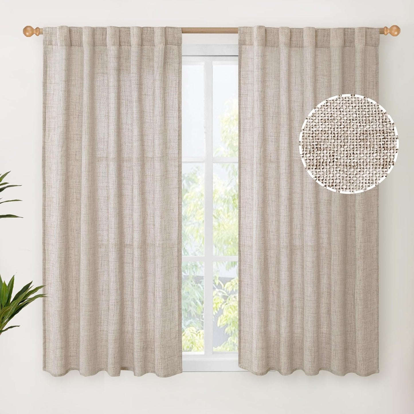 YoungsTex Linen Curtains 48 Inch Length for Kitchen Window, Short Natural Semi Sheer Drapes with Rod Pocket Back Tab for Living Room Bedroom Cafe Bathroom Light Filtering, 2 Panels, 42 X 48 Inch