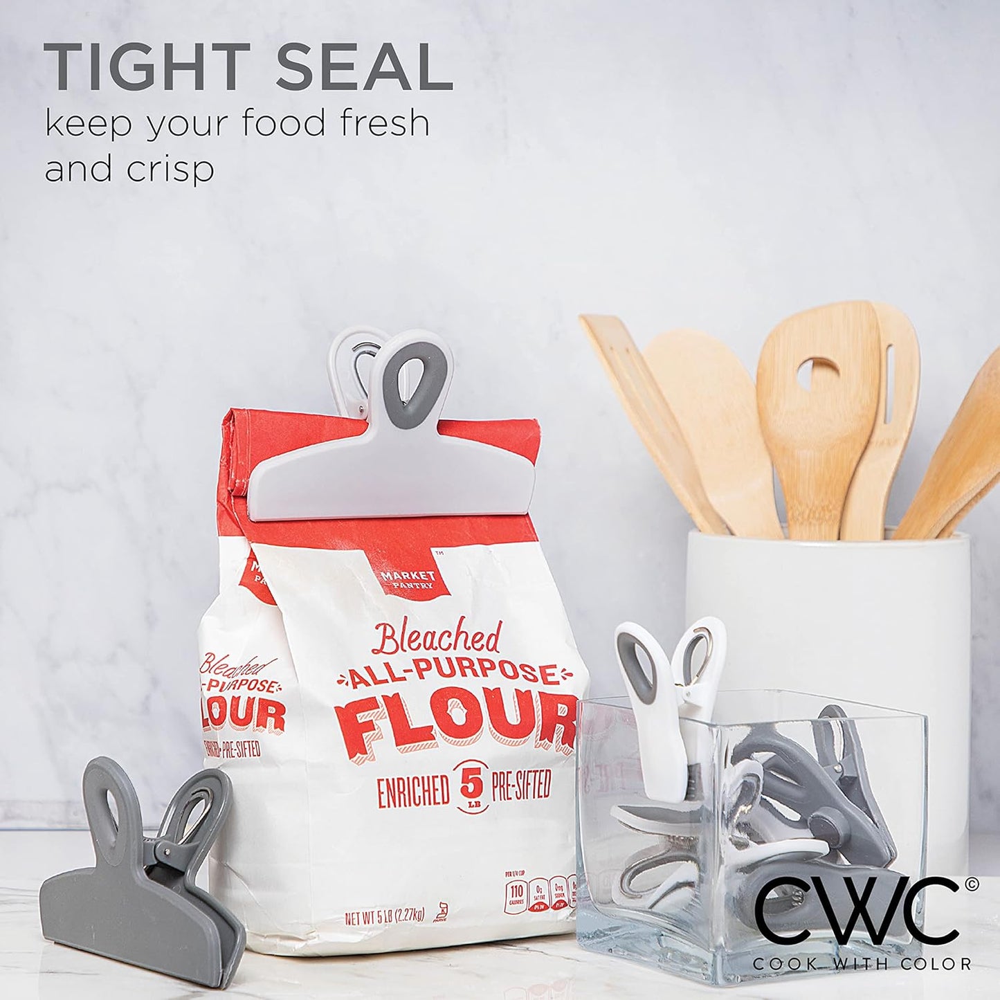 COOK WITH COLOR Bag Clips - Heavy Duty Chip Clip and Refrigerator Magnet Clips for Food Storage with Air Tight Seal Grip, Grey Ombre, Pack of 8