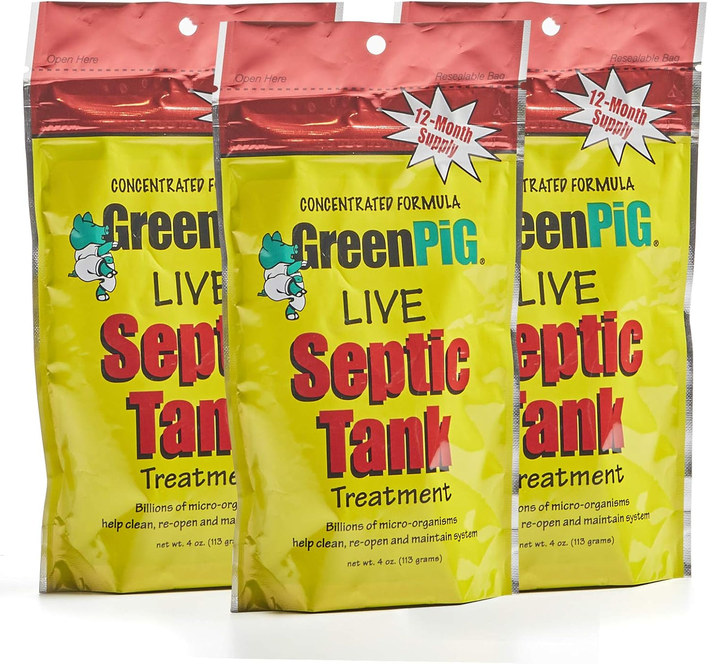 GREEN PIG Septic Tank Treatment - 12 Pods, Septic Safe Clog Remover, Prevents Expensive Septic Tank and Drain Field Failures, 3-Year Supply