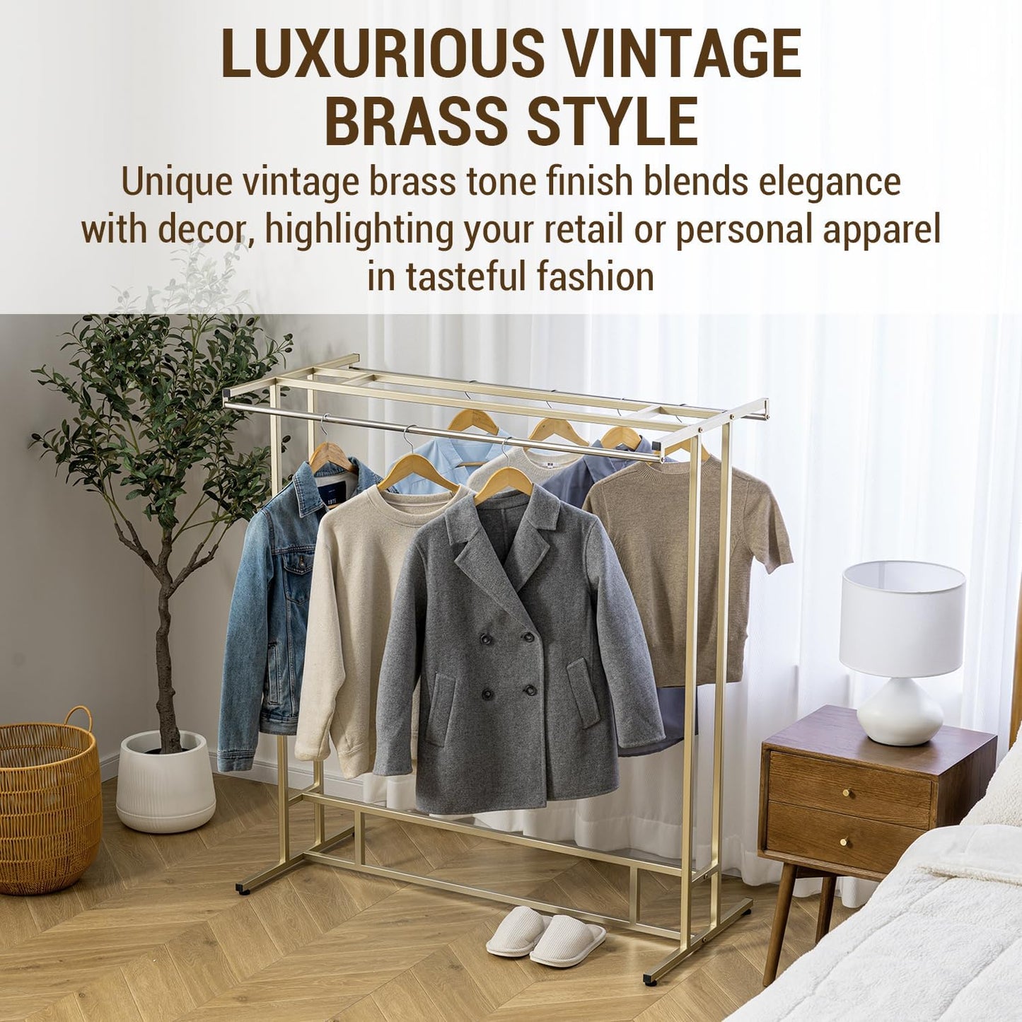 MyGift 4ft Tall Brass Tone Stainless Steel Freestanding Garment Rack, Heavy Duty Double Rod Clothes Closet Stand, Coat Dress Clothing Storage Display Shelf