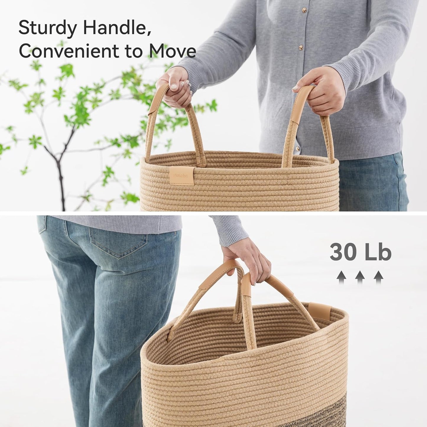 62L Striped Laundry Hamper with Leather Handles,Large Foldable Laundry Basket for Clothes,Cotton Rope Storage Bin for Blankets,Woven Clothes Basket for Bedroom,Dark Brown Stripes