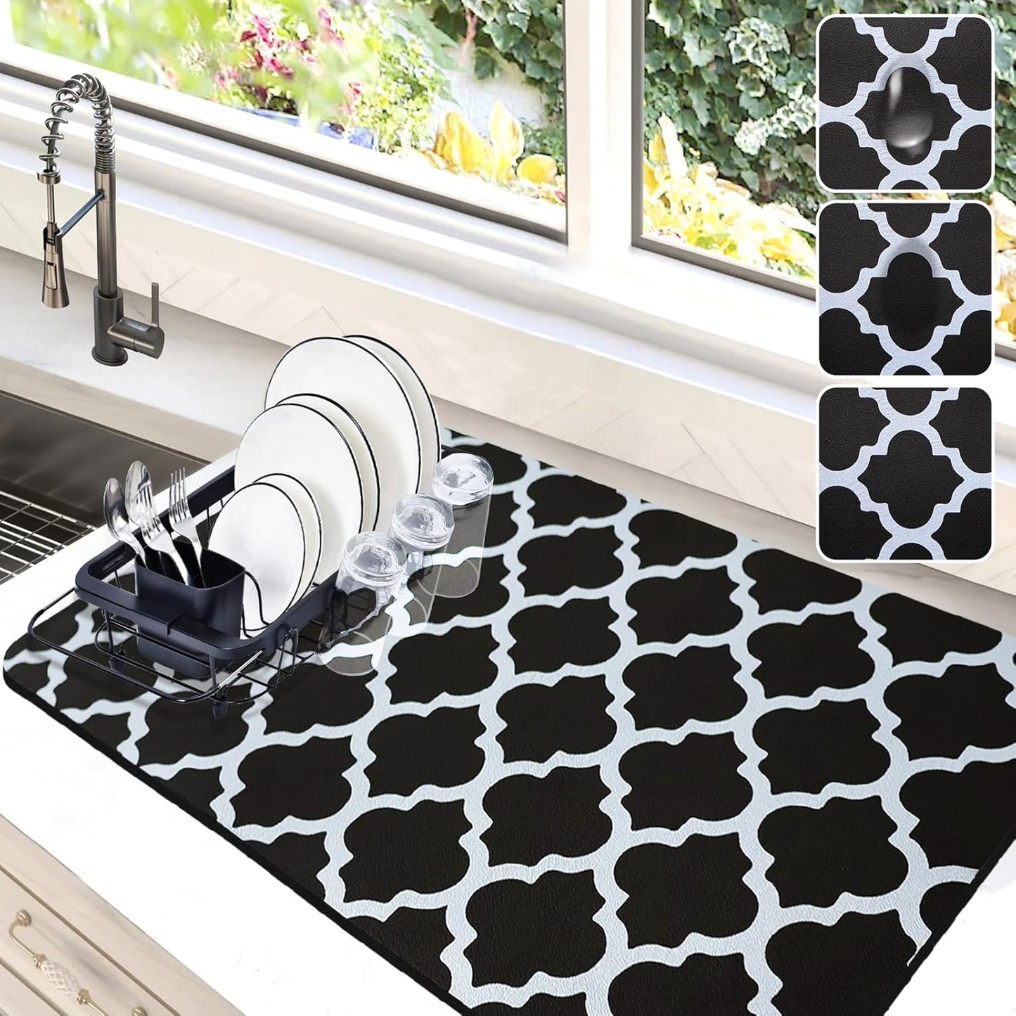 Dish Drying Mat for Kitchen Counter, 16"x24" Dish Drying Pad with Non-slip Rubber Backed, Hide Stain Anti Absorbent for Kitchen Counter, Drying Mat for Coffee Machine Dish Rack (Black Trellis)