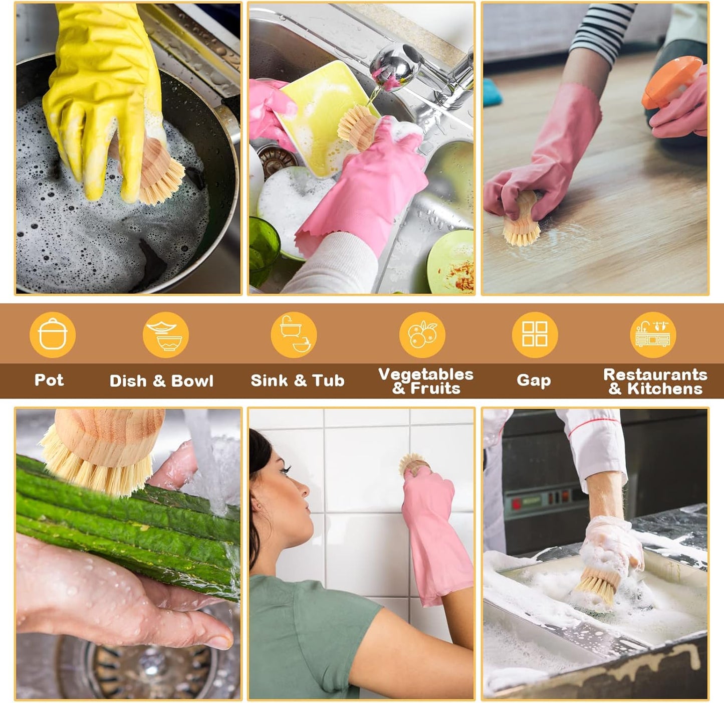 Nuenen 30 Packs Bamboo Dish Scrub Brushes Wooden Scrubbers Set Kitchen Dishwashing Scrubber with Natural Sisal Bristles for Iron Pot Pan Sink