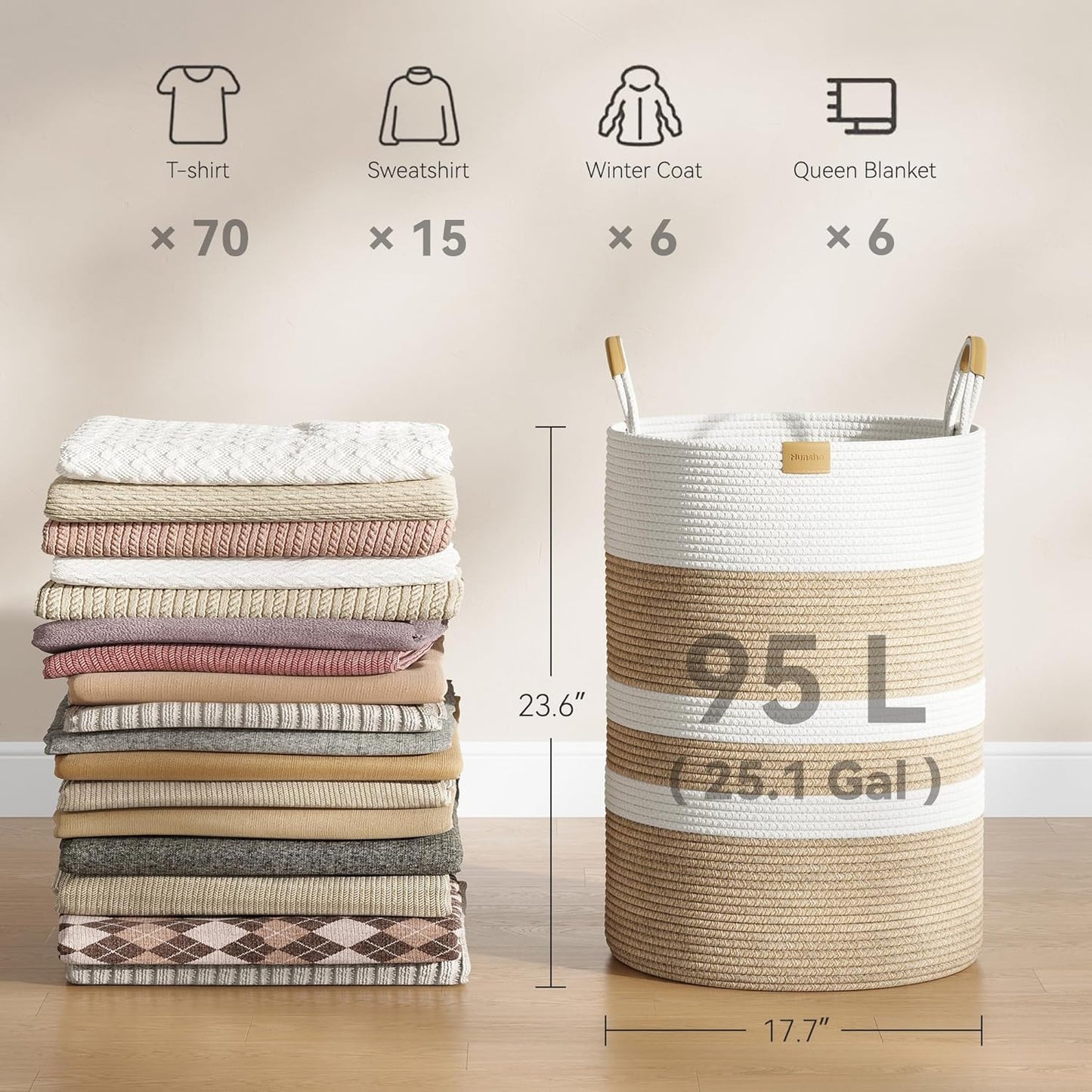 95L Striped Laundry Hamper with Leather Handles,Large Foldable Laundry Basket for Clothes,Cotton Rope Storage Bin for Blankets,Woven Clothes Basket for Bedroom,Beige Stripes