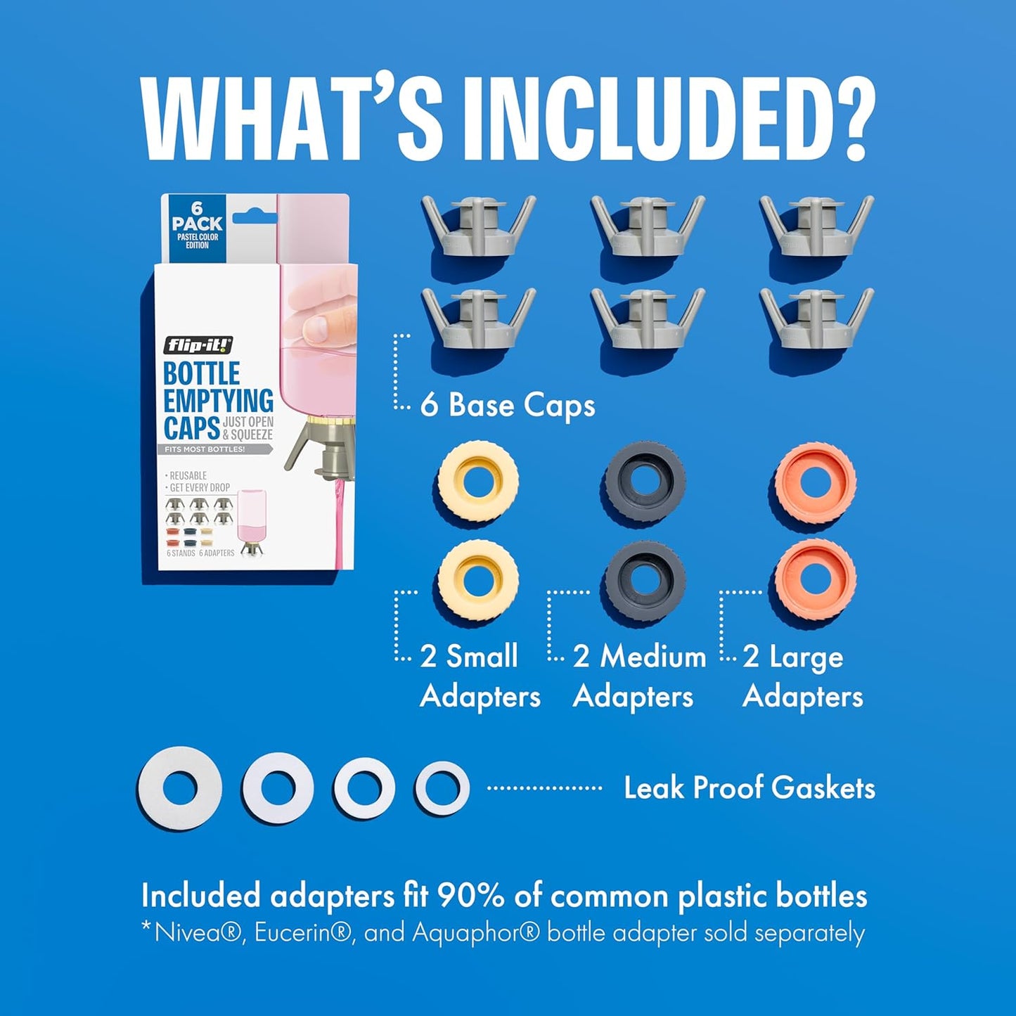 Flip-It! Bottle Emptying Kit – 6 Bottle Pack - No more wasted product - Fits most plastic bottles – 6 Base Caps, 6 Adapters – Pastel Color Edition