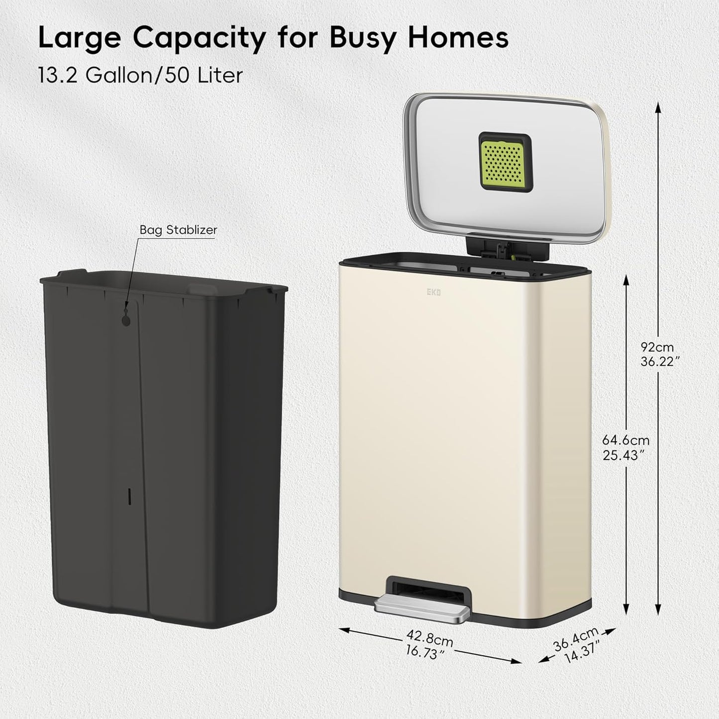 EKO Madison Vanilla Stainless Steel 50 Liter/13.2 Gallon Step Trash Can with Inner Liner - Fingerprint Resistant Finish