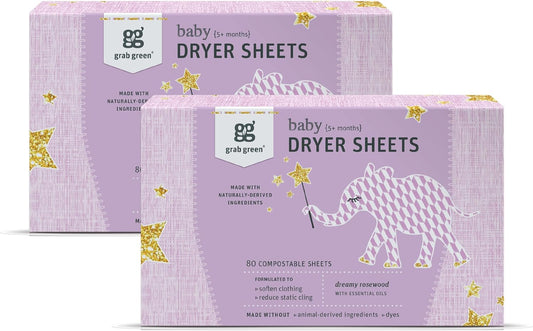 Grab Green Baby Laundry Dryer Sheets, 160 Sheets, Dreamy Rosewood Scent, Plant Based, Softens Clothing and Linens, Reduces Static Cling