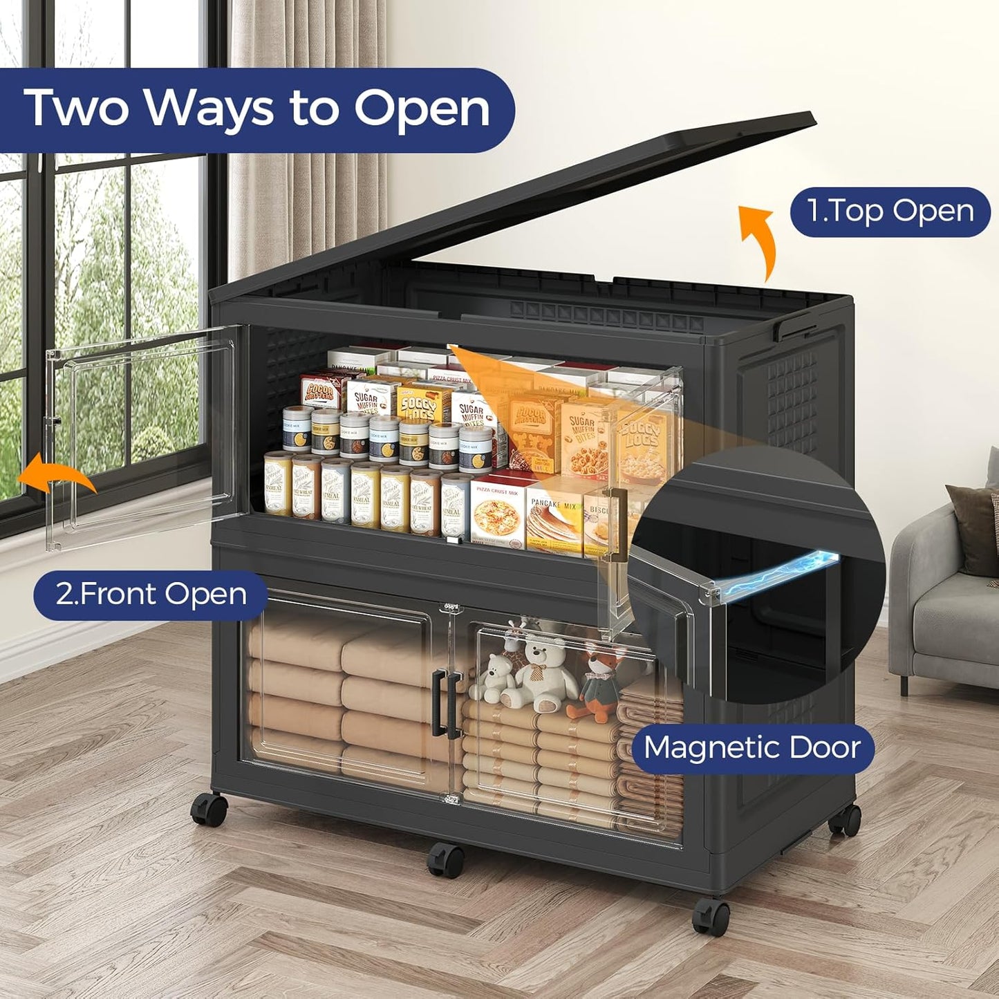 120GAL Storage Bins with Lid and Wheels, Stackable Closet Organizers and Storage Drawer, Collapsible Storage Box with Dividers, Foldable Plastic Cabinets Cubes Totes for Garage, 3 Pack Black