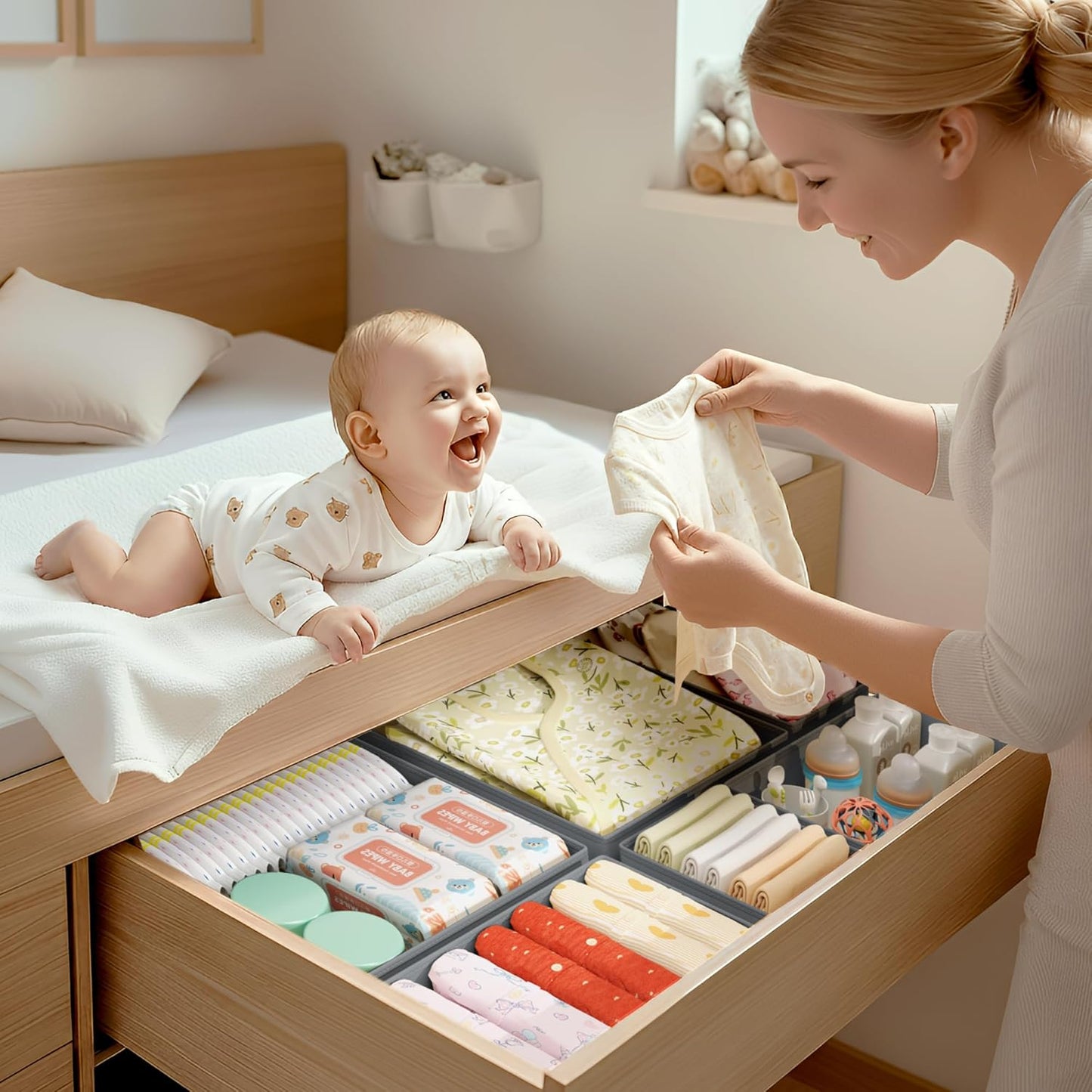 DIMJ Drawer Organizer Clothes - 16 Pack Baby Dresser Organizer for Nursery, Foldable Drawer Organizer Bins for Closet Bedroom Organization, Fabric Clothes Storage Dividers for Underwears, Socks, Bras