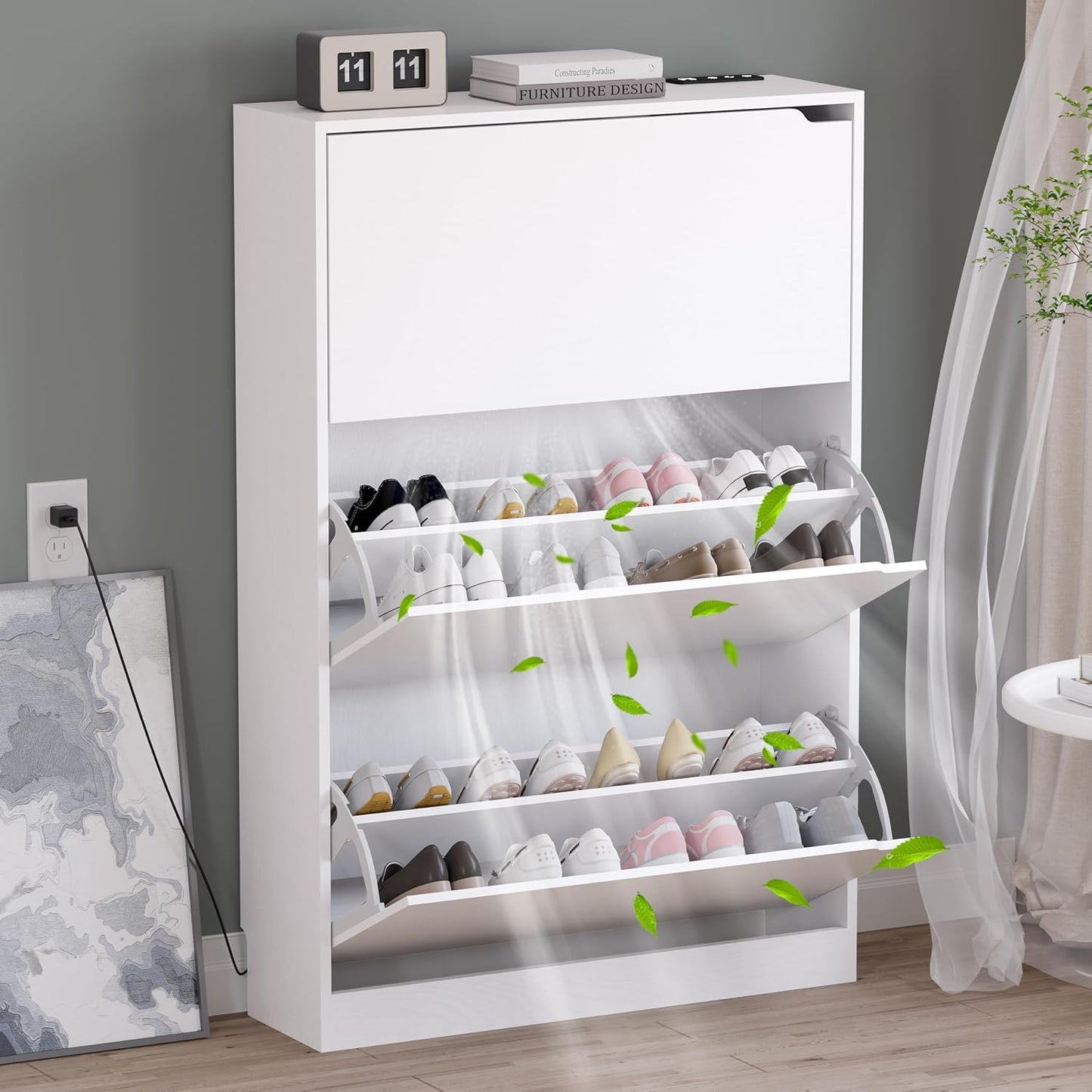 Shoe Cabinet with Odor Control and Back Panels, Deodorizing Slim 3-Flip Shoe Storage Cabinet for Entryway, Freestanding Hidden Shoe Rack Organizer for Entrance, Hallway, Bedroom