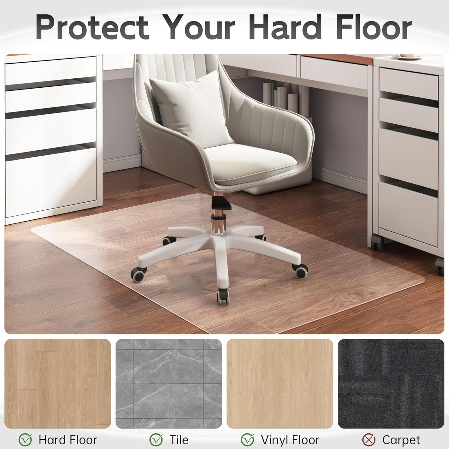 Office Chair Mat for Hardwood Floor, 48” x 40” Crystal Clear Hard Floor Chair Mat, Transparent Floor Protector Mat Flat Without Curling